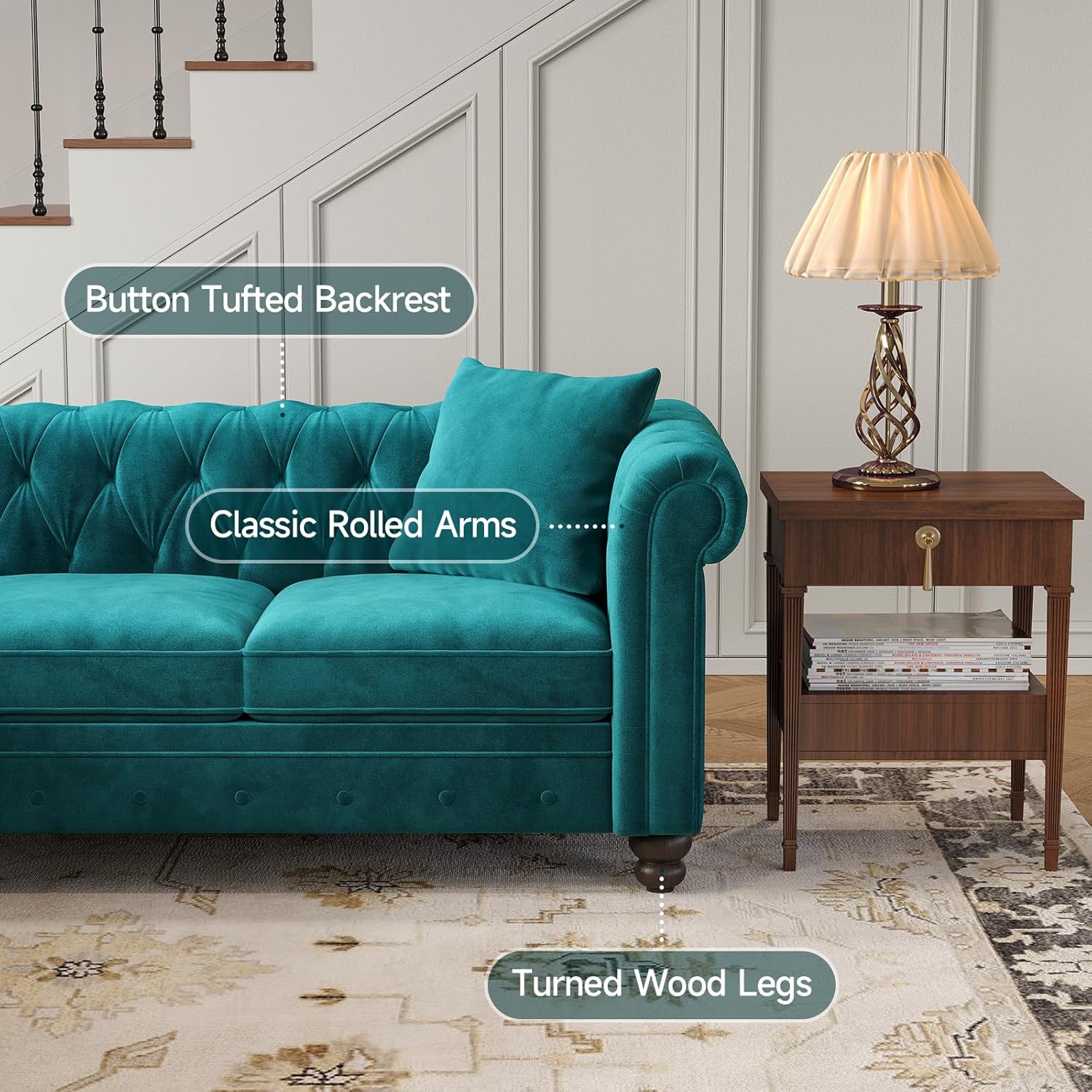 Chesterfield L Shaped Sofa, Velvet Sectional Sofa with Rolled Arms, Tufted Corner Couch w/3 Throw Pillows, Springs Seat Cushion, Solid Wood Legs, Vintage L Shape Couch for Living Room, Green