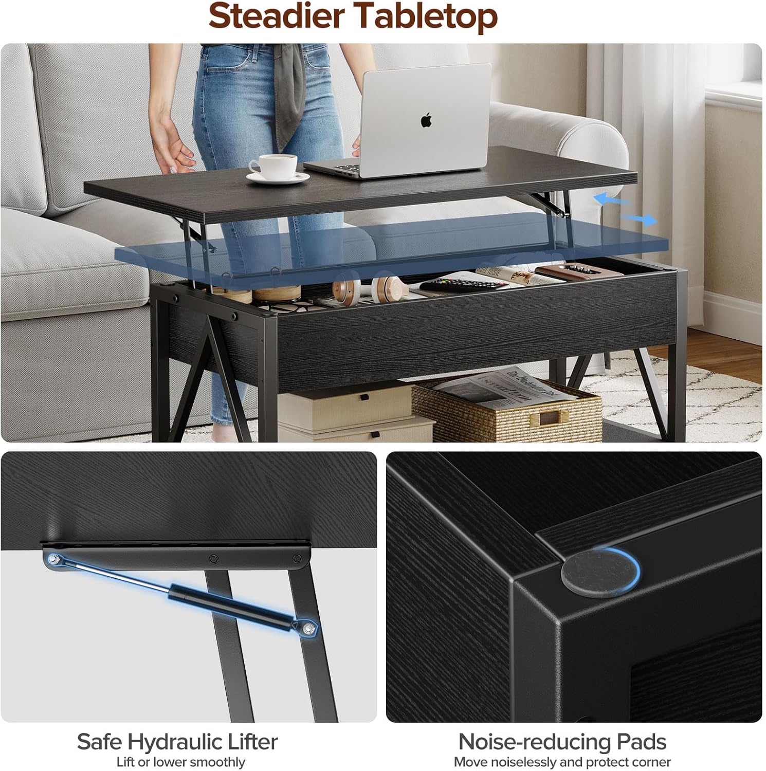 Lift Top Coffee Table,Lift Coffee Tables with Storage Shelf and Large Hidden Compartment for Living Room,Lifting top Coffee Table for Small Space,Black