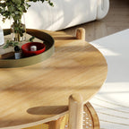 Solid Wood Round Coffee Table, 32 Inch 2-Tier Living Room Center Table with Woven Rattan Shelf, Modern Farmhouse Boho Design, Easy to Assemble, Natural Wood