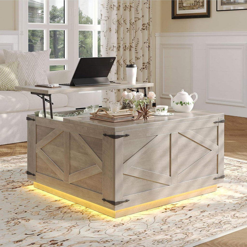 Rustic Grey Farmhouse Lift-Top Coffee Table: Square Wood Center Table with Hidden Storage Compartment, Floating LED Lights & USB-C Charging Station - Living Room Furniture