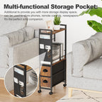 Small Narrow Side Tables for Small Spaces, Skinny Thin Bedside Nightstand End Table with Drawers&Wheels, Slim Tall Desk Magazine Rack with Storage Bag for Sofa Living Room Dorm Couch Bedroom