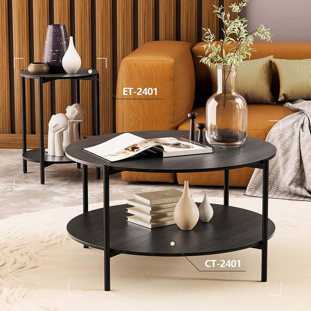 Round Coffee Table, 2-Tier 32.9" Circle Coffee Tables with Storage Wood Rustic Farmhouse Center Circular Coffee Table for Living Room Bedroom Balcony Office - Black