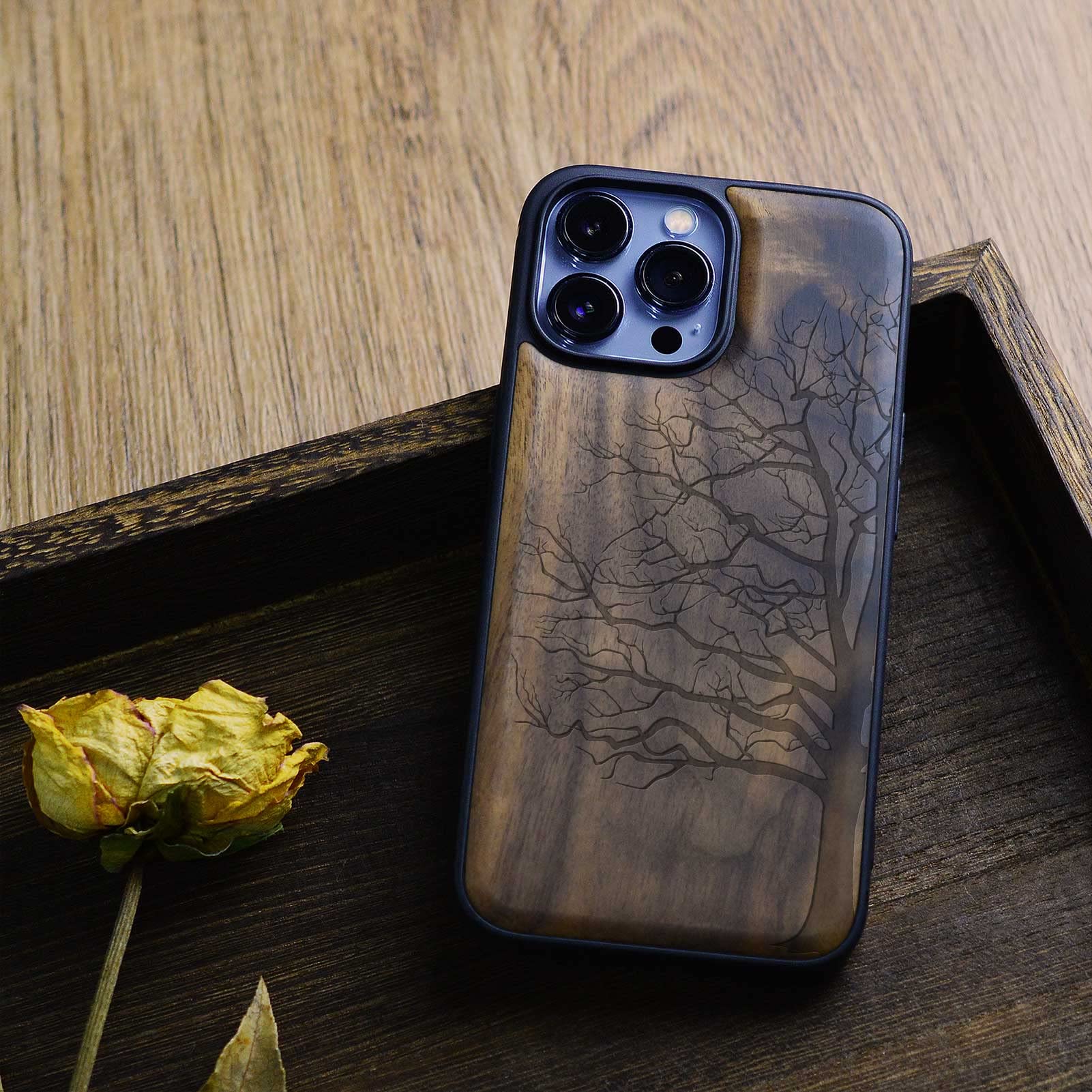 Carveit Magnetic Wood Case for iPhone 13 Pro Max [Hard Real Wood & Soft TPU] Shockproof Hybrid Protective Cover Unique & Classy Wooden Case Compatible with MagSafe (Eternal Tree Carving-Walnut)
