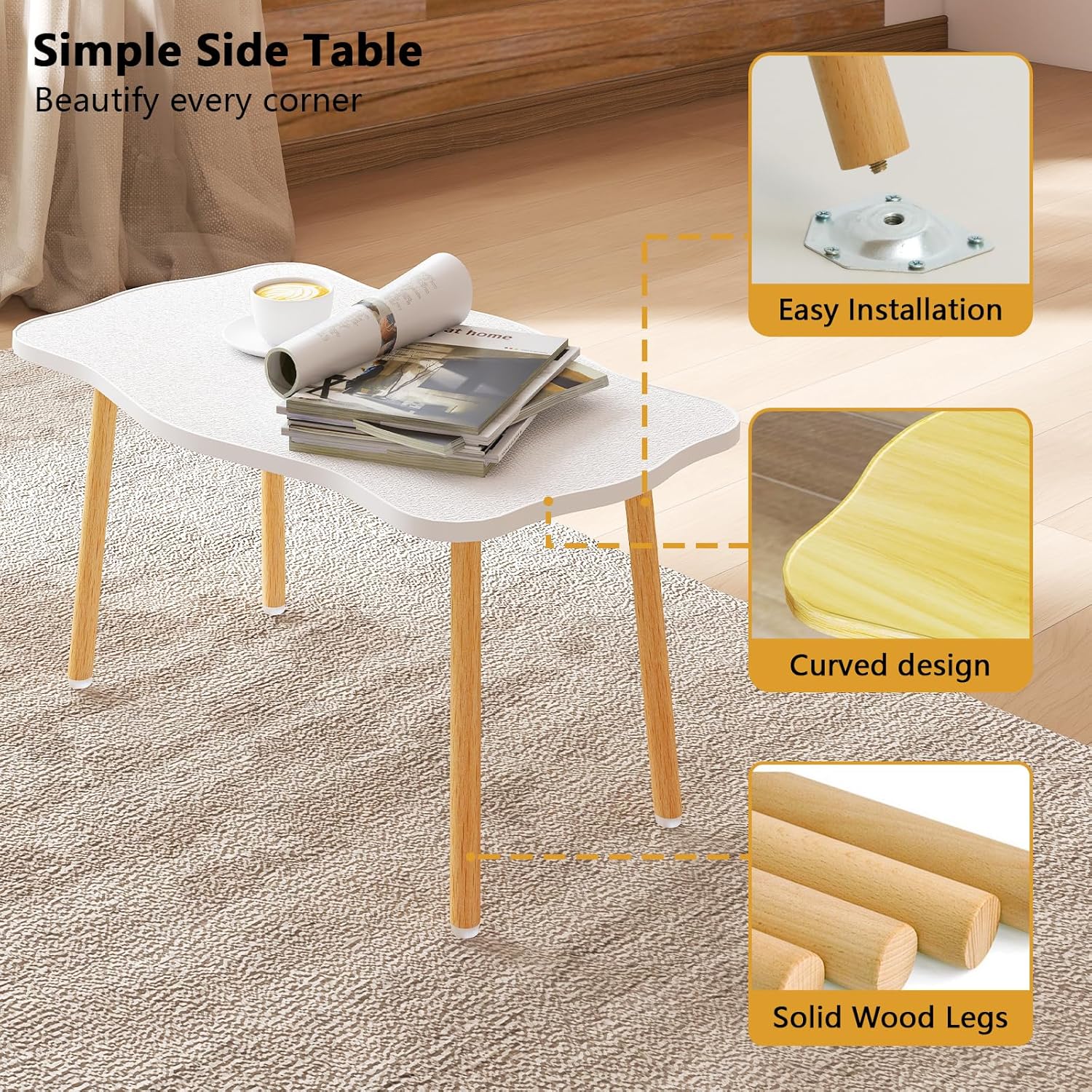 Cookie Coffee Table Low Table with 4 Solid Wood Sturdy Legs, Floor Table Desk for Sitting on The Floor, Storage and Living Room Furniture (White)