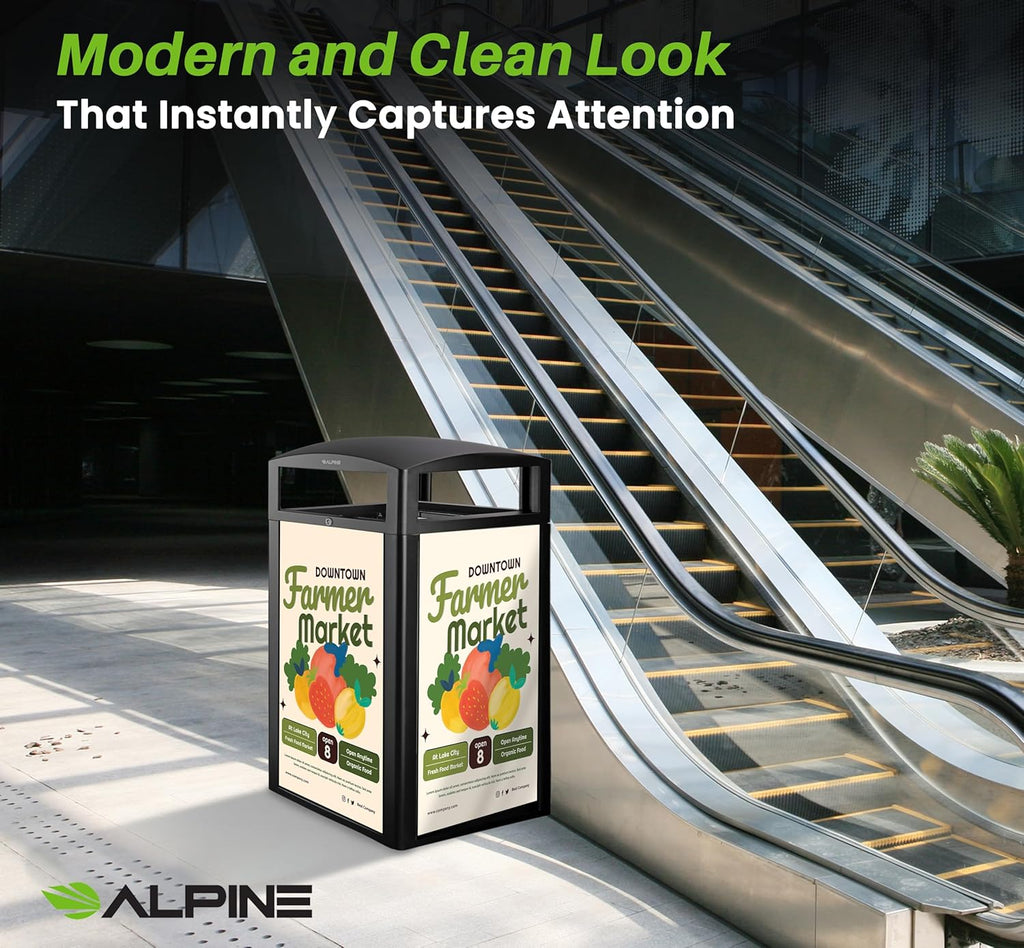 Alpine Outdoor Commercial Trash Can with Lid - 40 Gallon Heavy Duty Metal Garbage Can with Advertising Panels, Removable Bin, Locking Lid for a Modern Look in Pool, Park, Mall (Grey Stones)