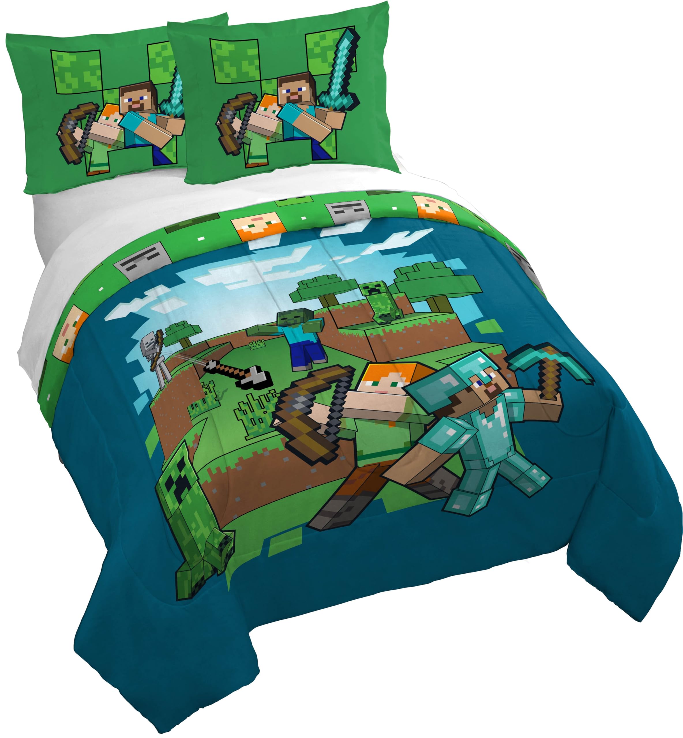 Jay Franco Kids Duvet Cover Set – 3 Piece Super Soft Bedding with Sham Pillowcase, Cover ONLY Comforter Not Included, Blue - Minecraft, Full