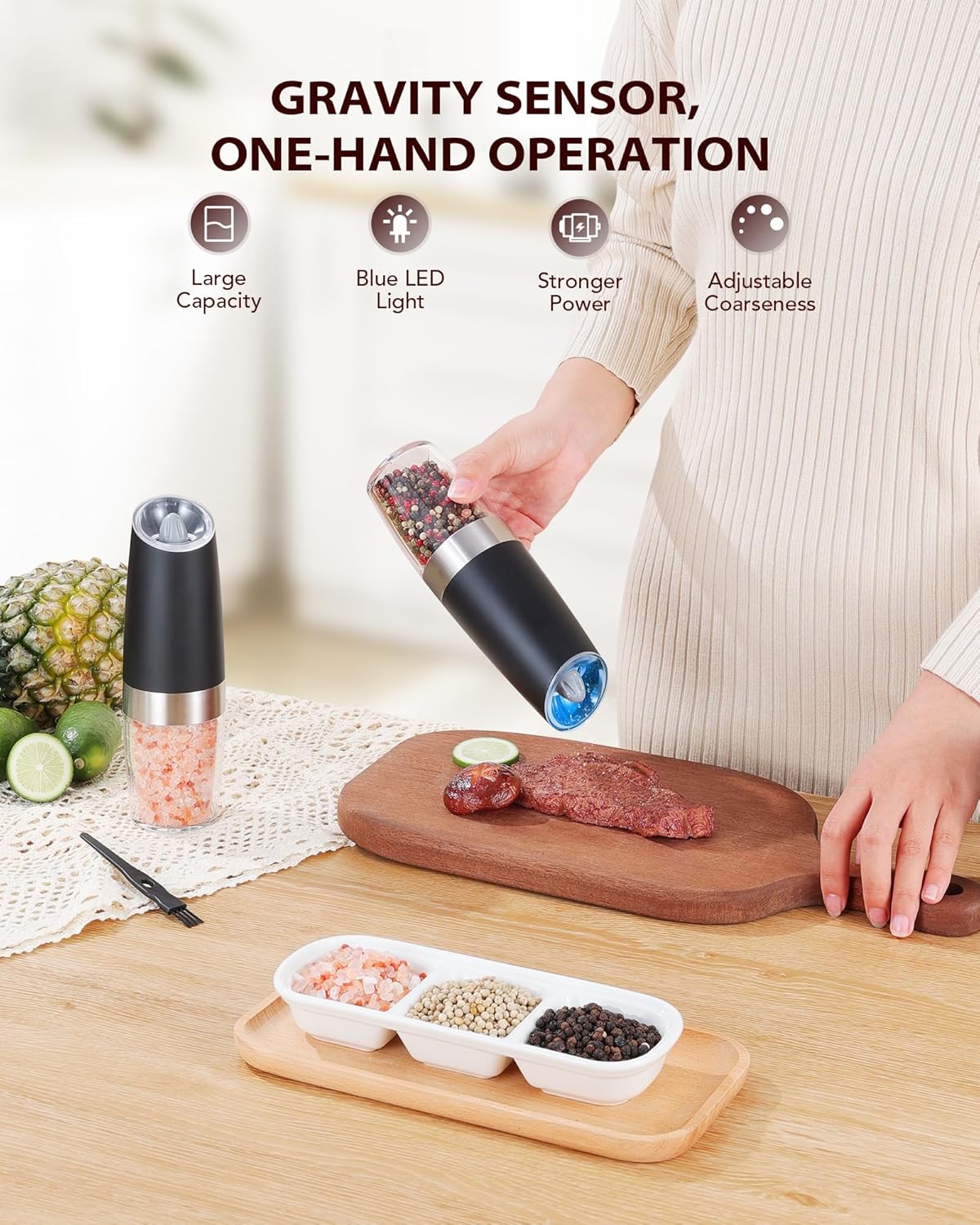 Sangcon Gravity Electric Pepper and Salt Grinder Mill Automatic Shaker Grinder with LED Light, Battery Powered Adjustable Coarseness One Hand Operation, Upgraded Larger Capacity, 1pc