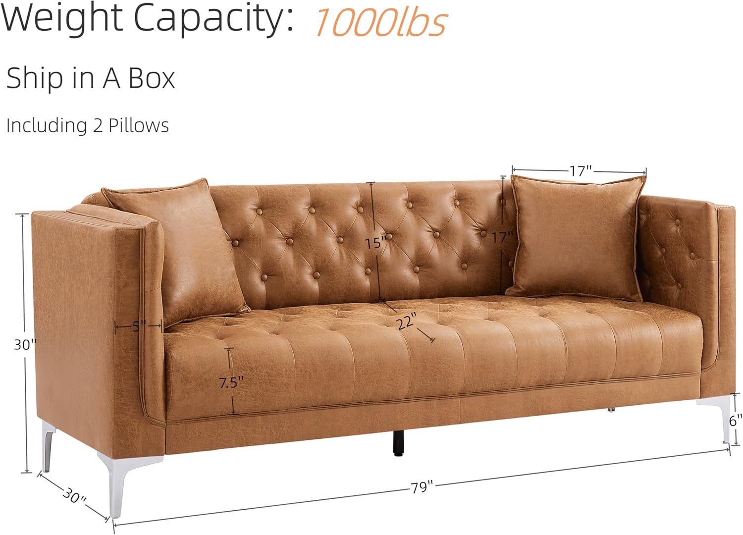 HIFIT 79'' Modern Sofa Couches for Living Room, 3 Seater Sofa with Deep Seats and 2 Pillows, Handmade Button Tufted Leather Couch for Apartment | Office 79''W x 30''D x 30''H, Brown