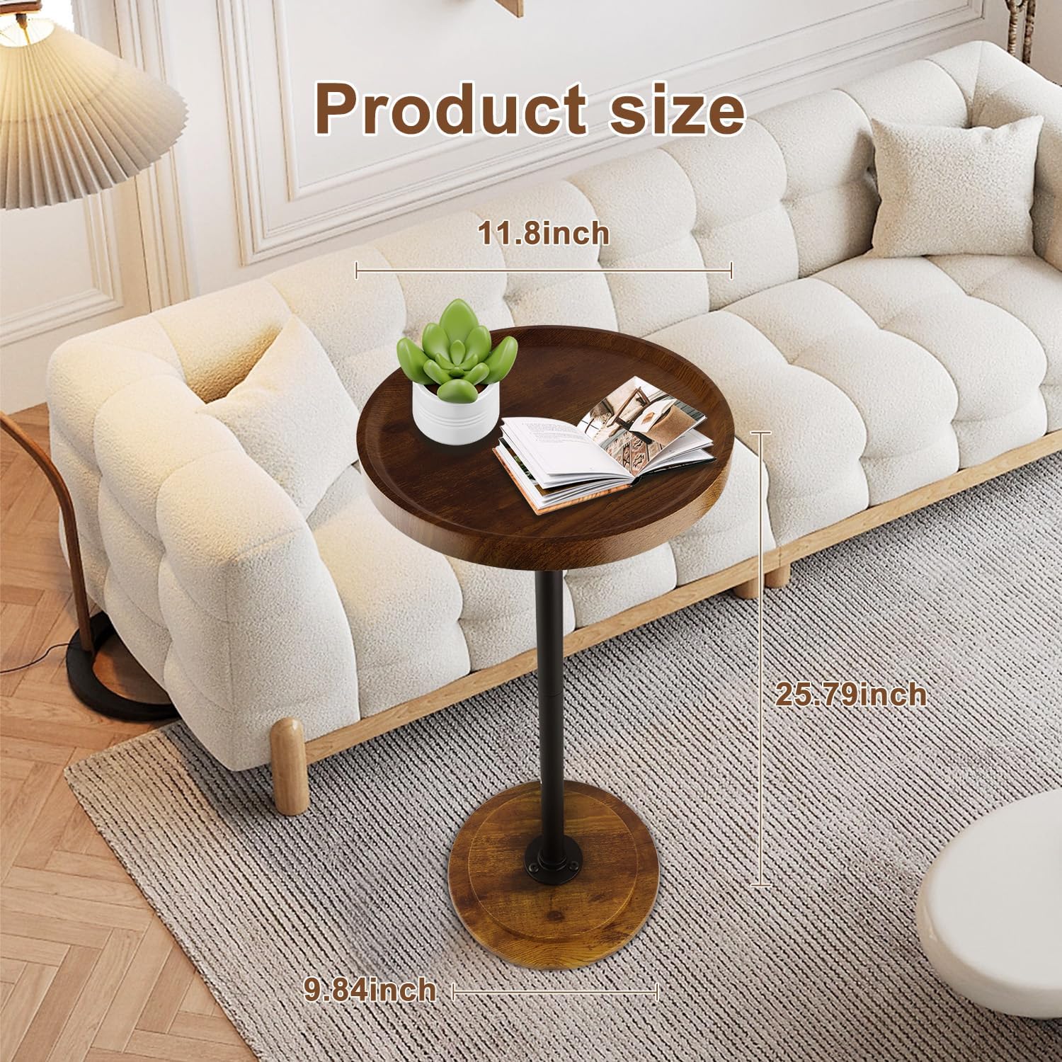 Home Dector Sofa Side Table, Small Drink Table for Small Spaces, Coffee End Table with Wood Leg for Living Room, Bedroom, Corners(Rustic Brown)