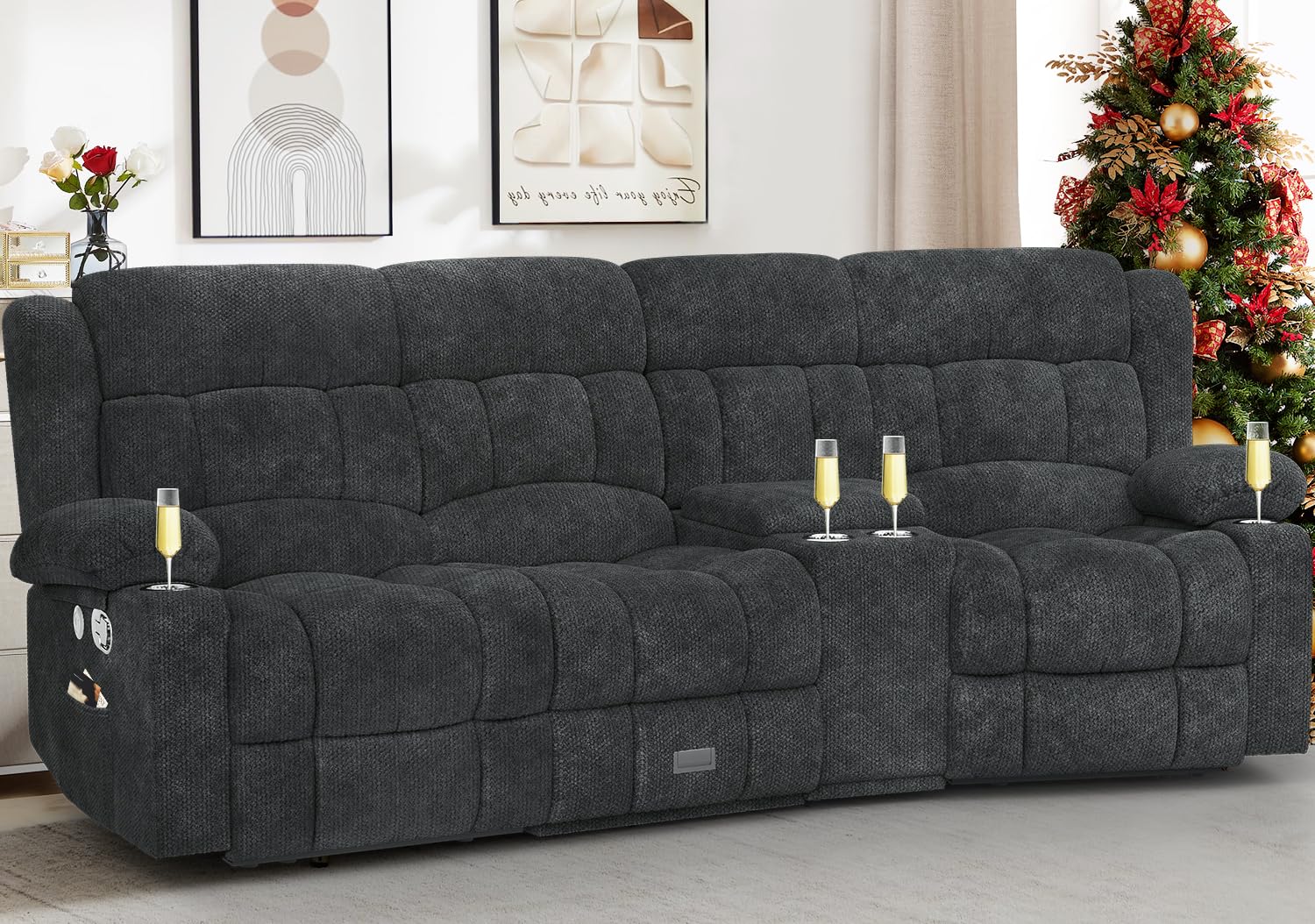 Loveseat Recliner Sofa, Flip Middle Backrest Design PU Leather 3 Seat Reclining Sofa with Storage Drawer, Manual Couch for Living Room/RV (Black, PU)