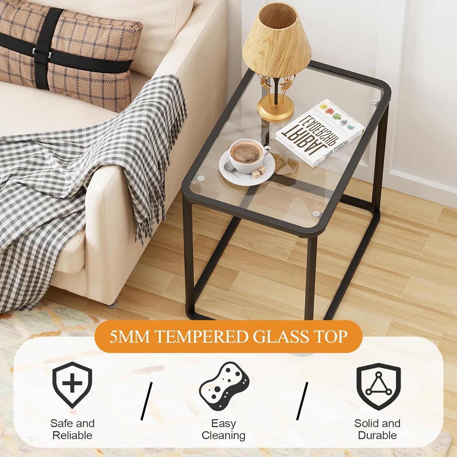 Garden 4 you Glass Side Table, Rectangle End Table with Metal Frame, Modern Bedside Table for Office, Bedroom, Living Room, Study, Small Spaces,Easy Assembly,23.6x15.7x20.8 Inches,Black