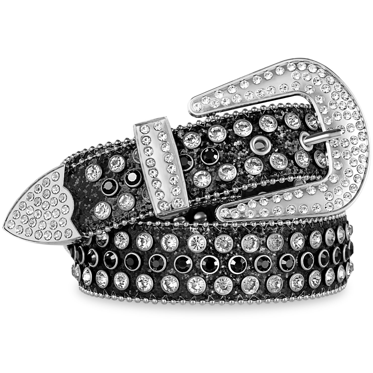 FIORETTO Men Women Rhinestone Belt Bling Shining Diamond Cowgirl Cowboy Western Studded Leather Belt Waist Belt for Jeans Pants Black Silver