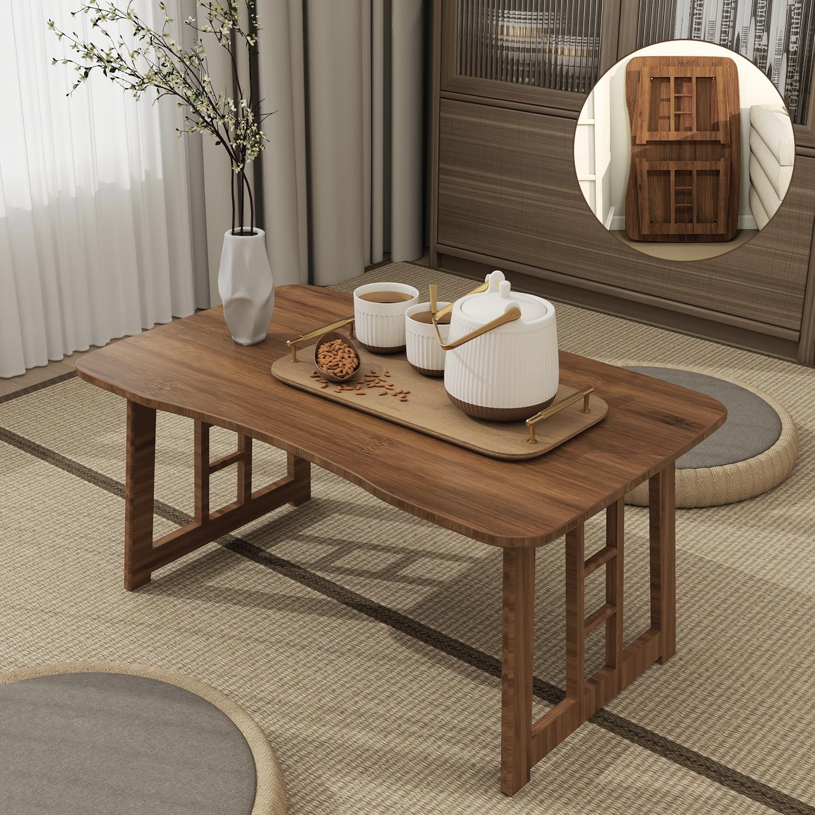 Japanese Folding Coffee Table,Bamboo Foldable Floor Low Table,Chabudai Tea Table for Sitting Tatami Living Room Bay Window,No Assembly (Wood)