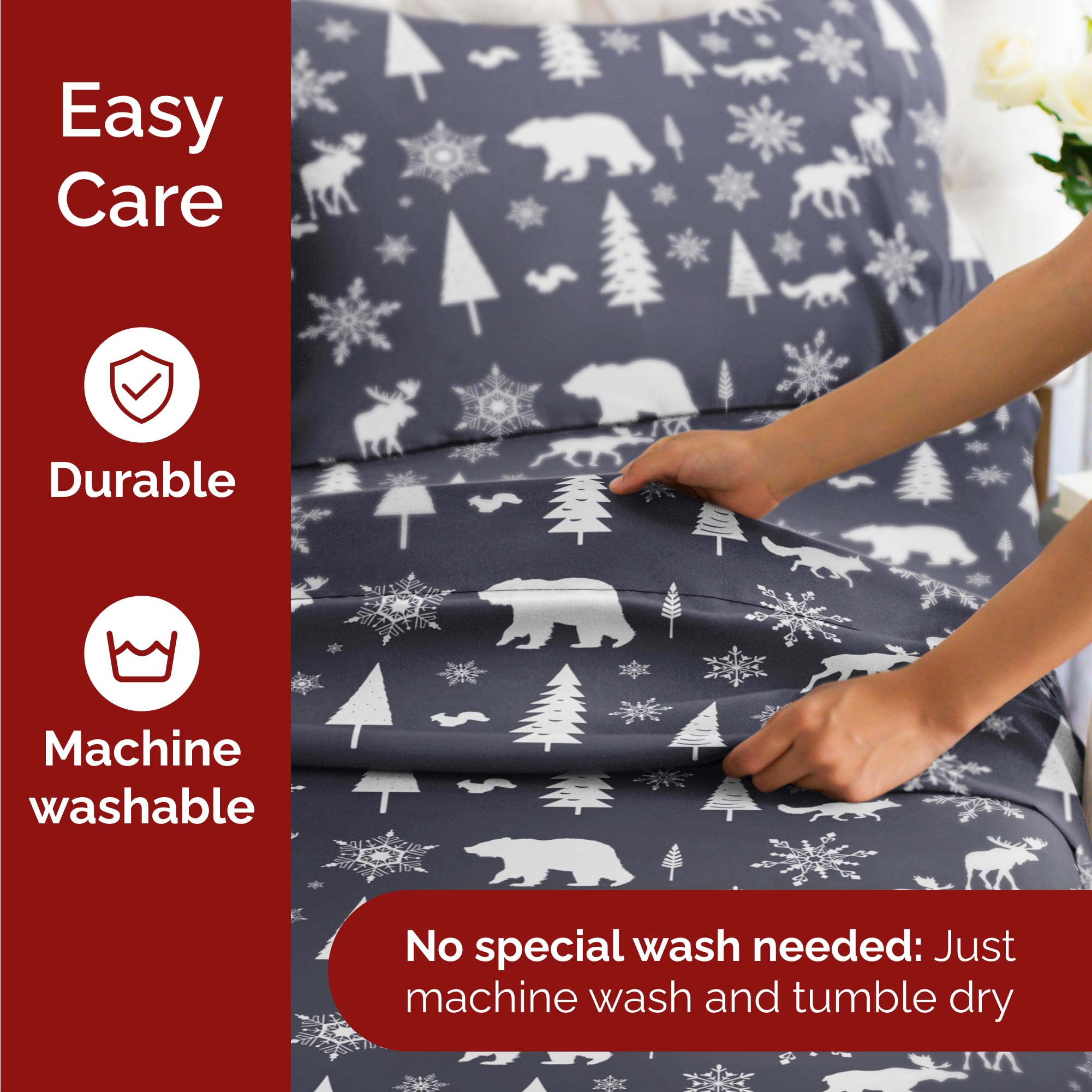 Komplet pościeli King Christmas Tree - Świąteczny wzór Xmas na lnie - Głębokie kieszenie - Dopasowany krój - 4 części - Bez zagnieceń - Wygodna i chłodząca świąteczna pościel zimowa - Łatwa w pielęgnacji - Przyjazna dzieciom
