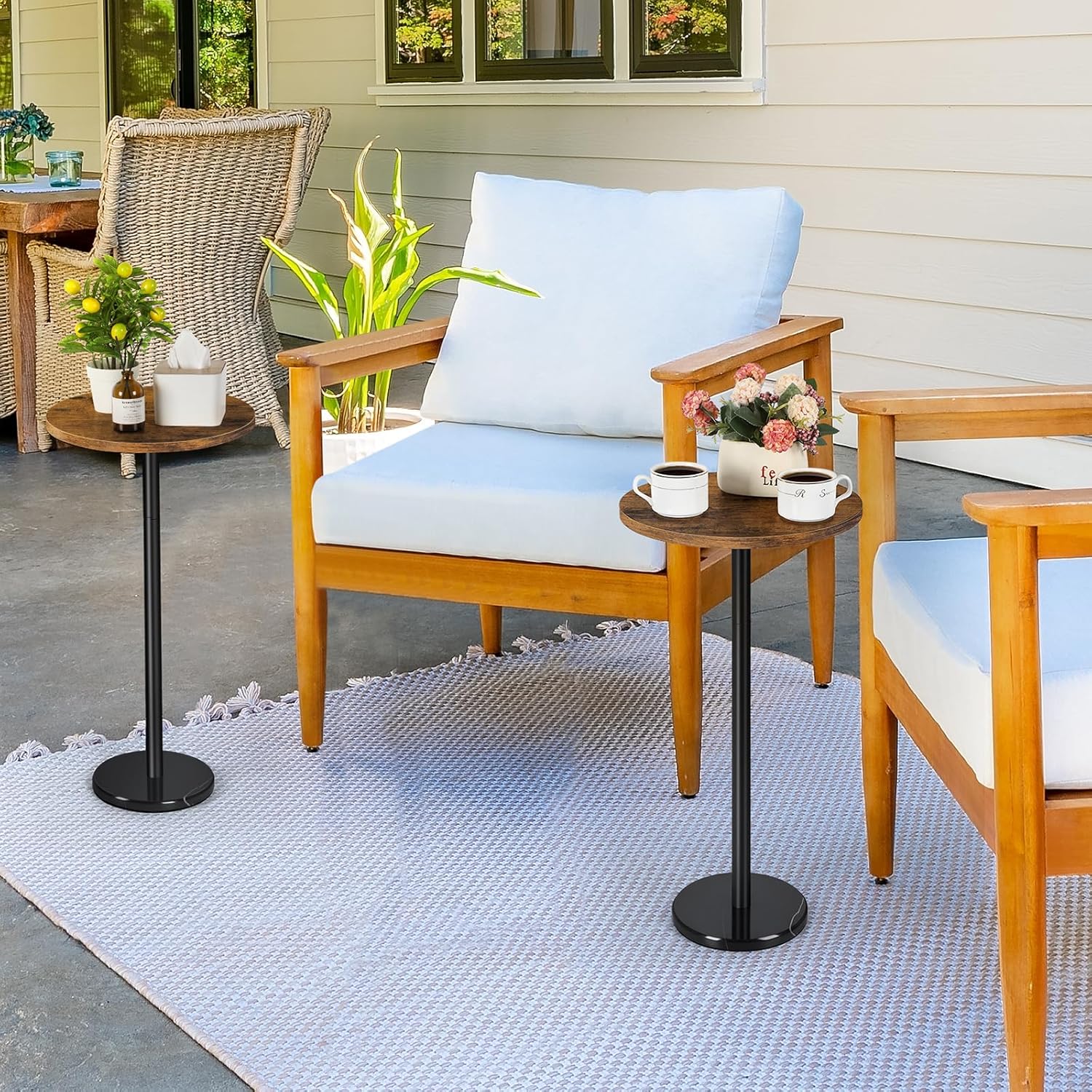 Round Side Table Set of 2 Small Drink Pedestal Accent End Coffee Cocktail Table with Marble Base for Small Spaces Living Room Sofa Outdoor Brown and Black