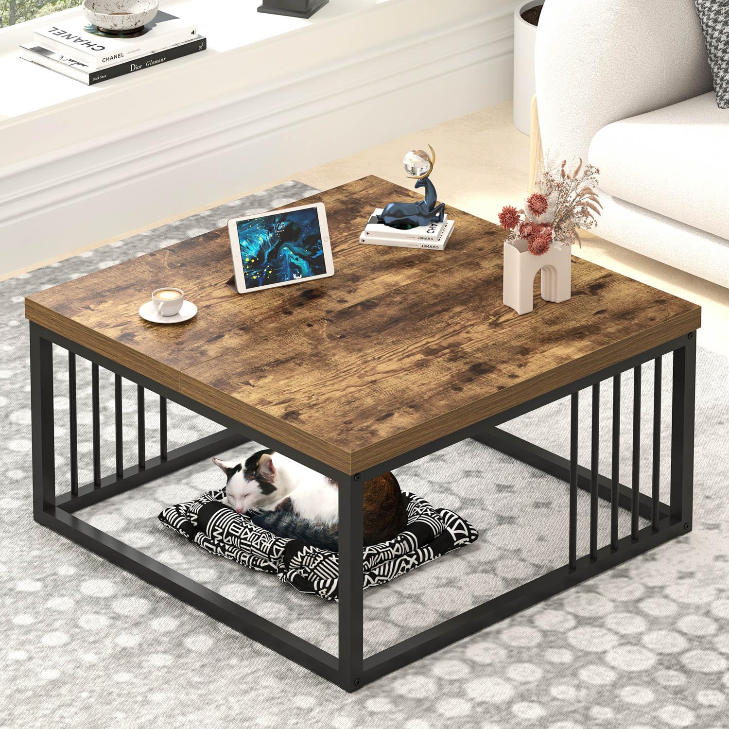 FOLUBAN Modern Coffee Table, Square Center Table for Living Room, Industrial Rustic Wood and Metal Cocktail Tea Table, 31.5 Inch, Brown