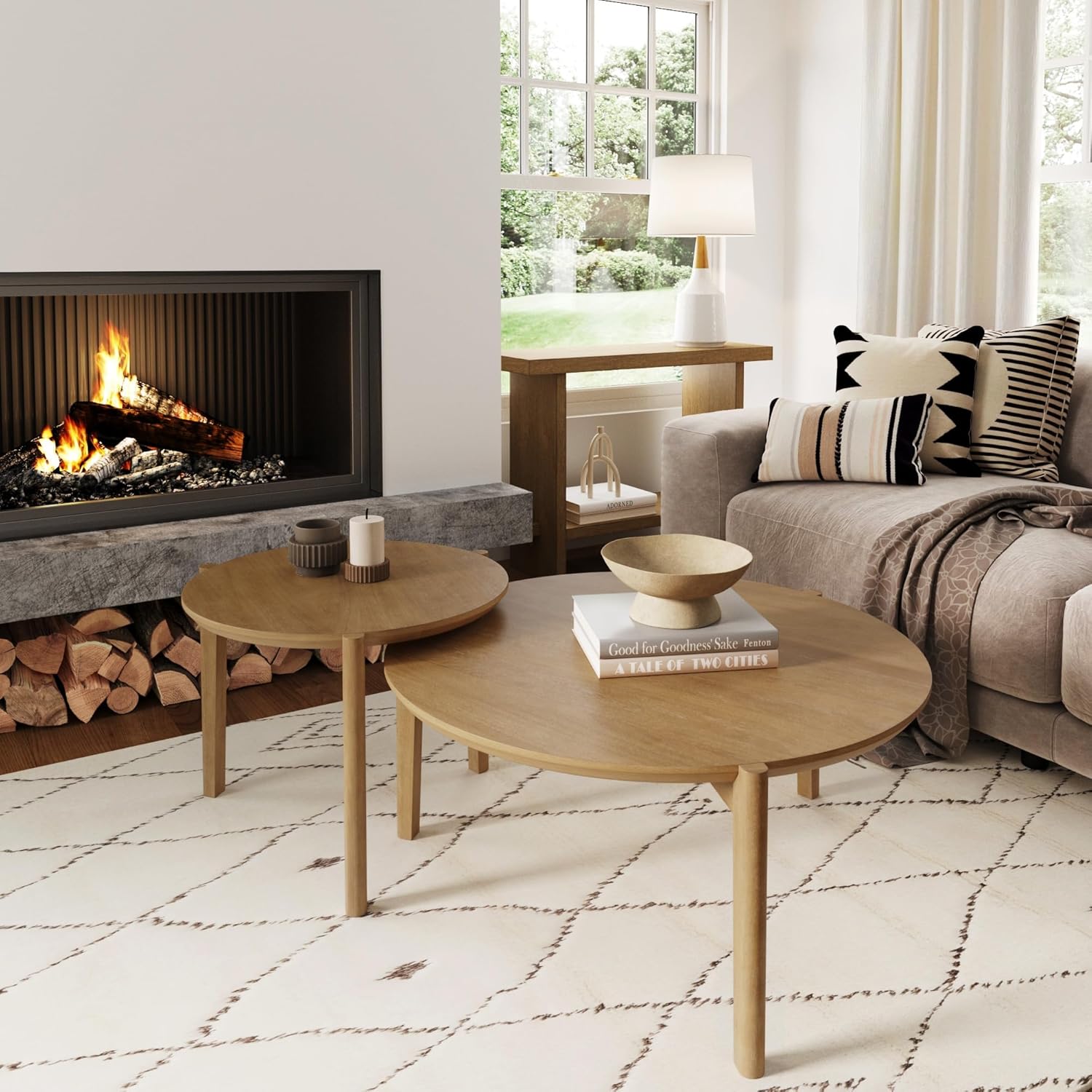 Nathan James Kendall Round Modern Nesting Coffee Set of 2, Stacking Living Room Accent Tables, Light Brown