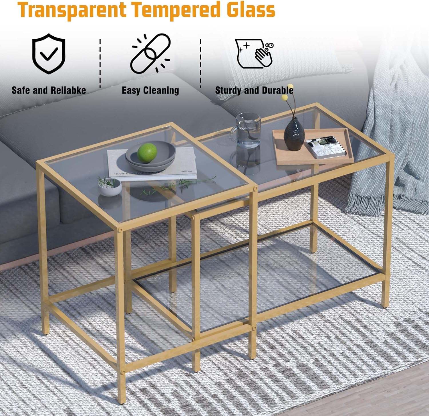 Nesting Coffee Table,Small Glass Coffee Table Set of 2,Black Modern Center Sofa Side Tea Table for Living Room,Bedroom and Small Spaces,2 Tier Tempered Glass, Easy Assembly,Gold