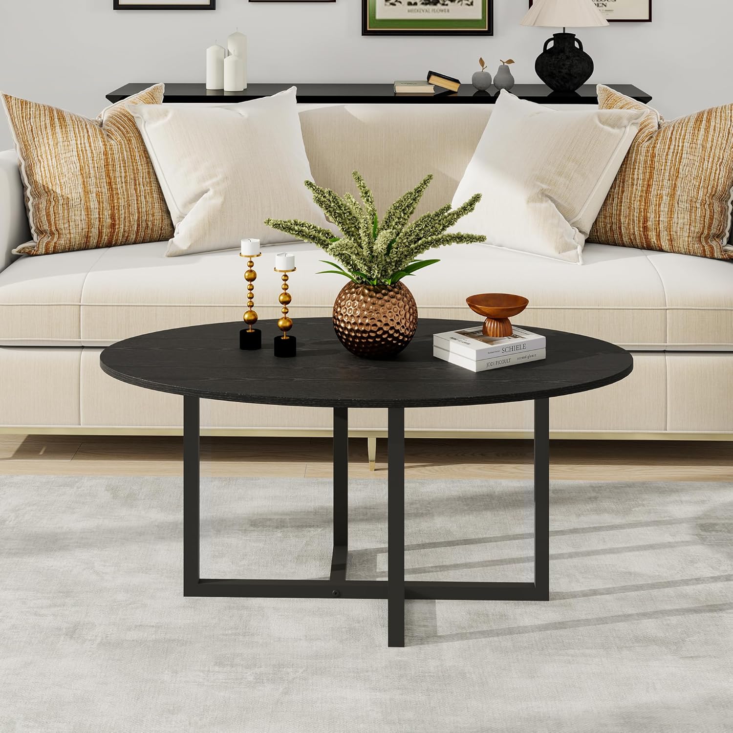 Oval Coffee Table for Living Room, Center Table Tea Table with Metal Frame for Living Room Home Office, Small Space, Easy Assembly, Black