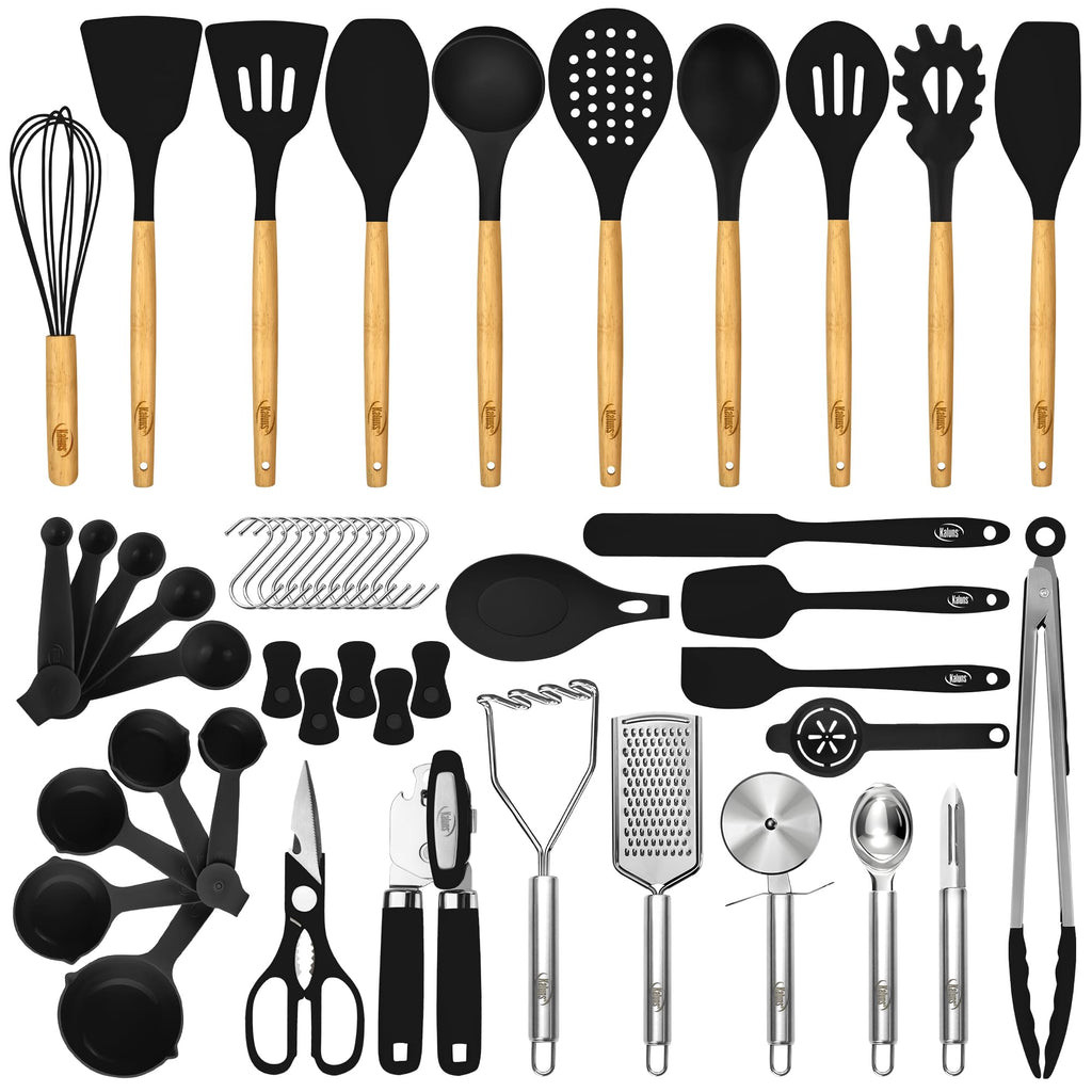 Kaluns 50 PCS Silicone Kitchen Utensils Set - Mothers's Day Gifts For Mom Wife Complete Kitchen Set 800°F Heat Resistant Non-Stick Premium Silicone Cooking Utensils W Wooden Handles Gifts For Mothers