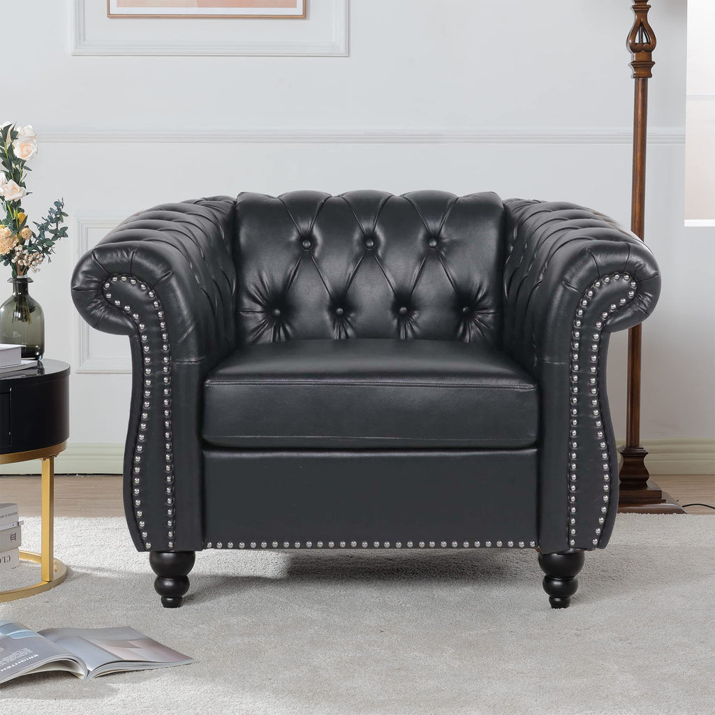 LEVNARY Chesterfield Sofa, Classic Tufted Upholstered Leather Couch, Modern 3 Seater Couch Furniture with Tufted Back for Living Room Office (Black)