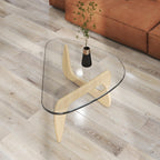 Modern Glass Coffee Table, 32.3″D×25.6″W×15.8″H-Abstract Unique Mid Century Triangle Center Table for Living Room, Minimalist Middle Tables for Home Office, Wooden Base