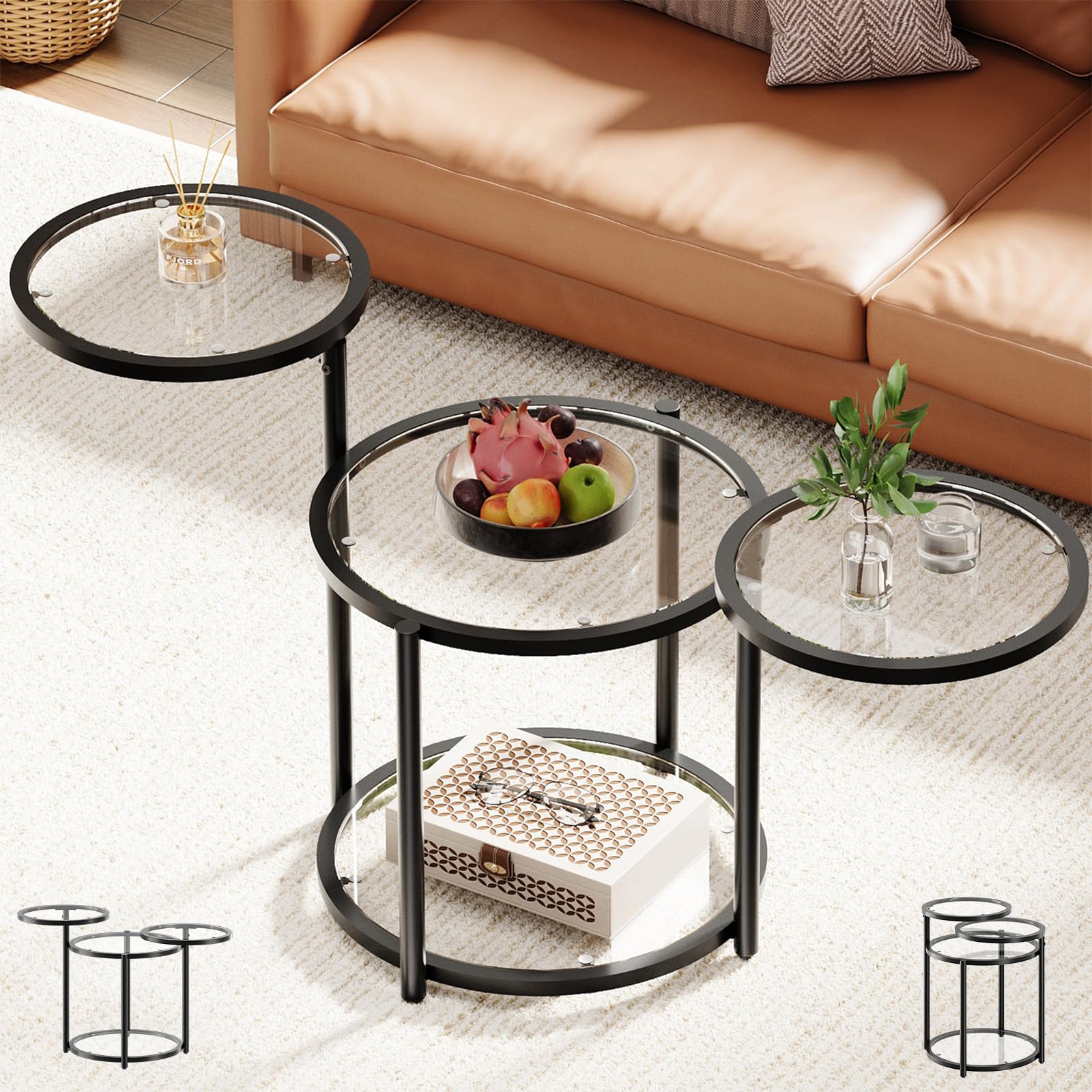 Round Glass Coffee Table - 4 Tier Coffee Tables for Living Room with Rotating Top, Circle Coffee Table with Storage, Modern Clear Center Table with Metal Frame for Small Space, Office, Gold
