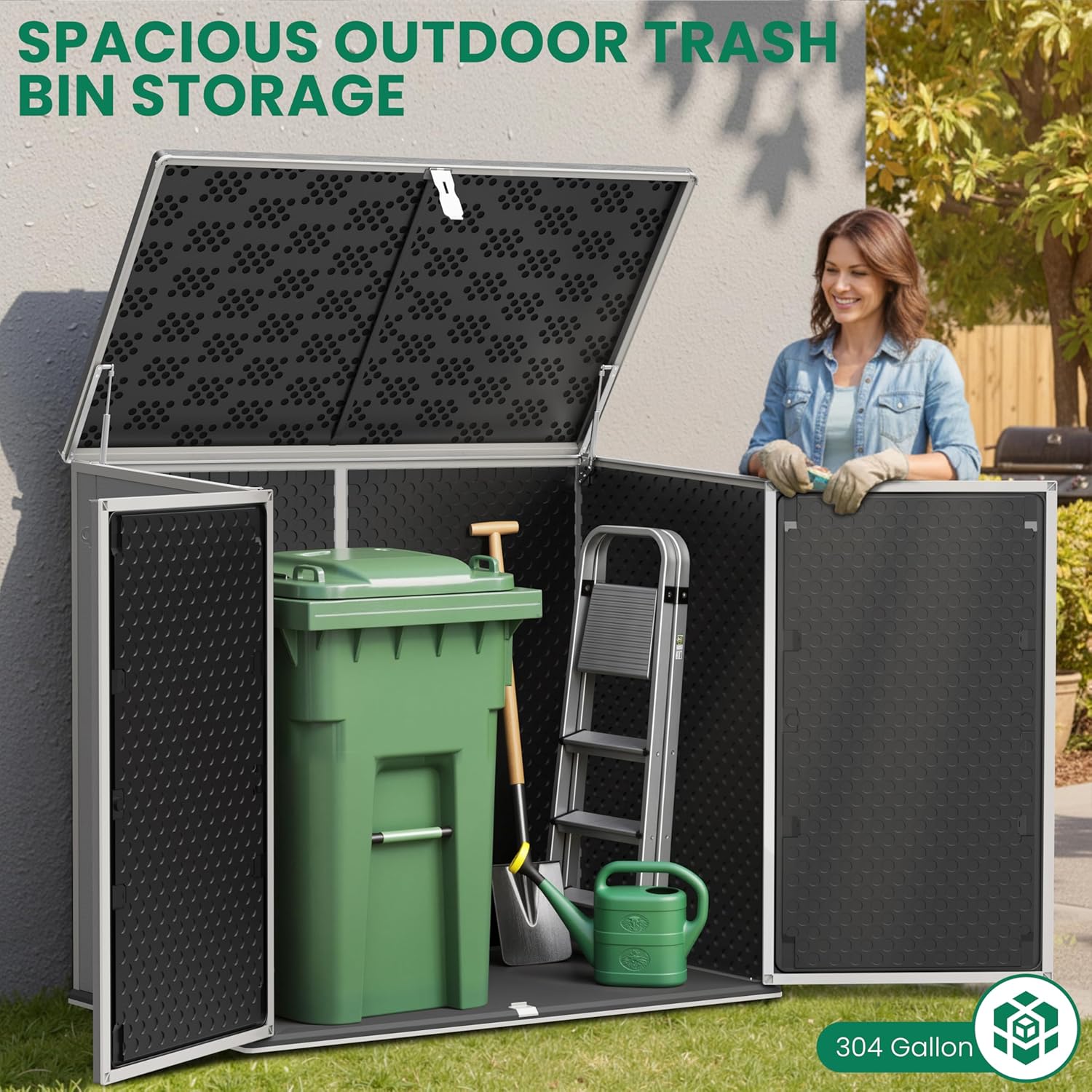 Outdoor Trash Can Storage Shed 4.6 x 4.1 FT, 304 Gallon Resin Shed with Lockable Doors & Lift Lid, Waterproof Outdoor Storage for Garden Tools, Cushions & Patio Equipment