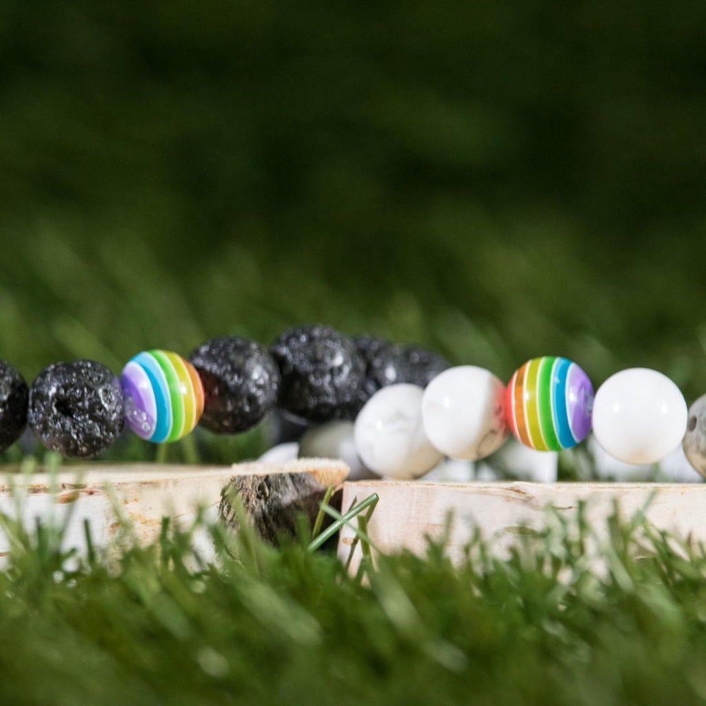 LGBT Relationship Bracelet | 2 Pieces | White Howlite, Black Matte Agate, Rainbow Resin | Oil Diffuser Beads | Gay Couples Strong Cord | Handmade | Love is Colorful