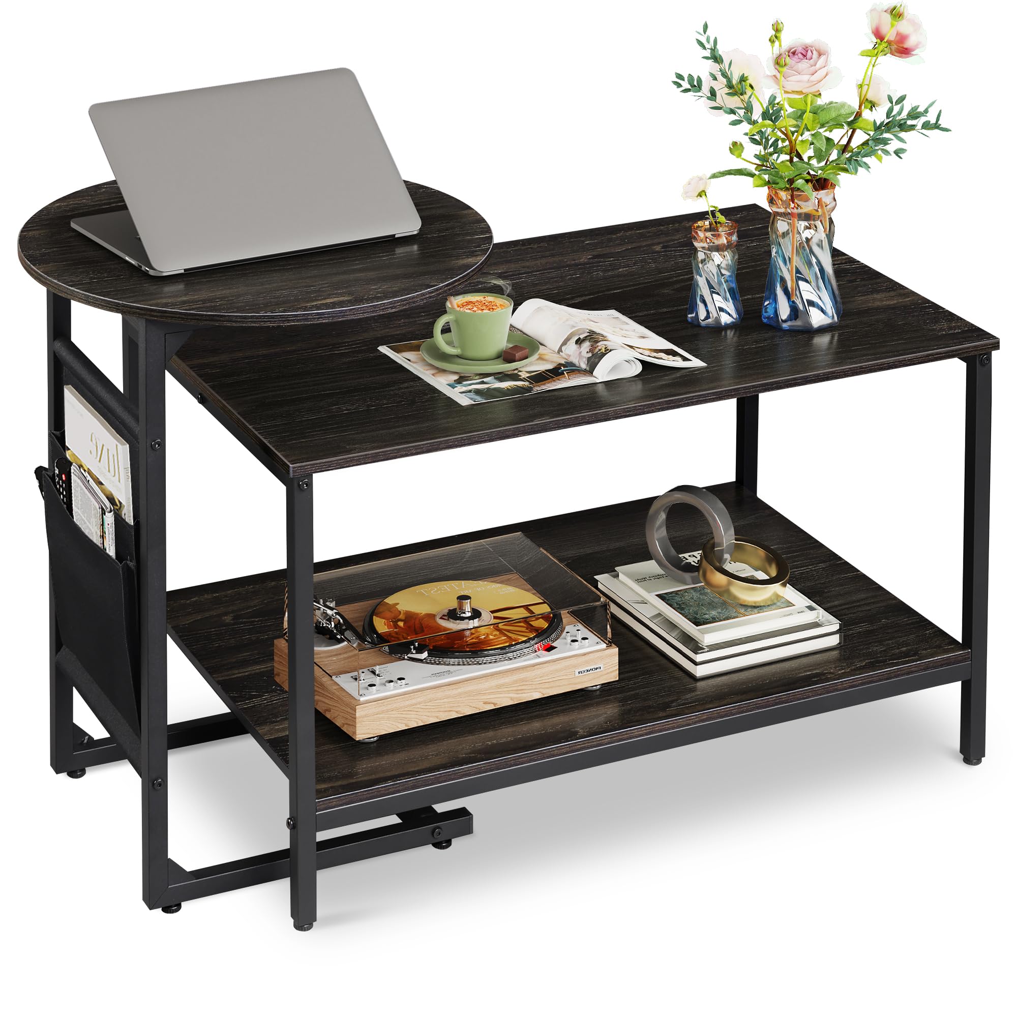 WLIVE Coffee Table, 31.3" and 18.7" Small Coffee Tables for Living Room, Modern Center Table and Side Table Set with Storage Side Pouch for Bedroom, Apartment, Rustic Brown