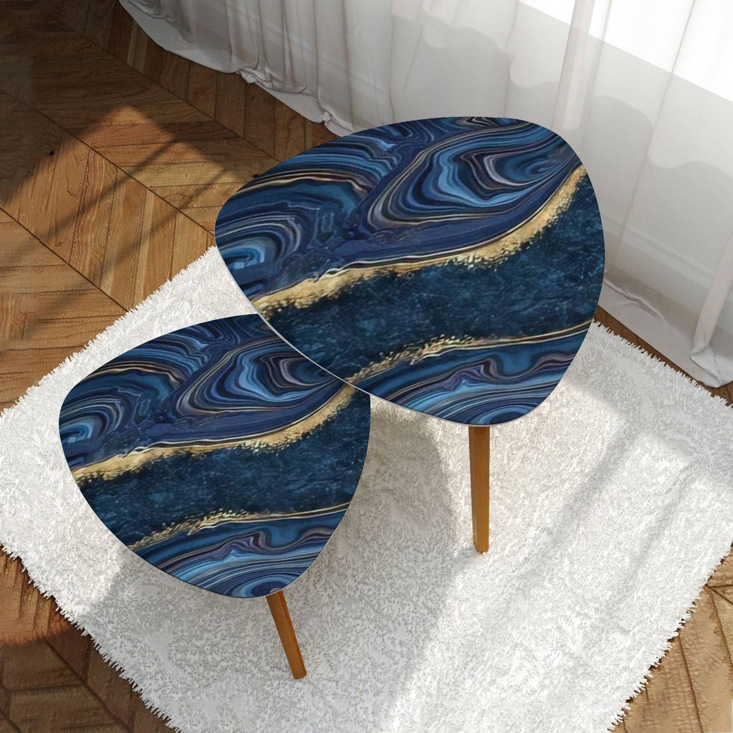 Small Coffee Nesting Table Luxury Blue Marble Gold Abstract Texture Indigo Ocean Blue marbling Modern Minimalist Side Table Triangle End Tea Table Center Table Set of 2Living Room Bedroom