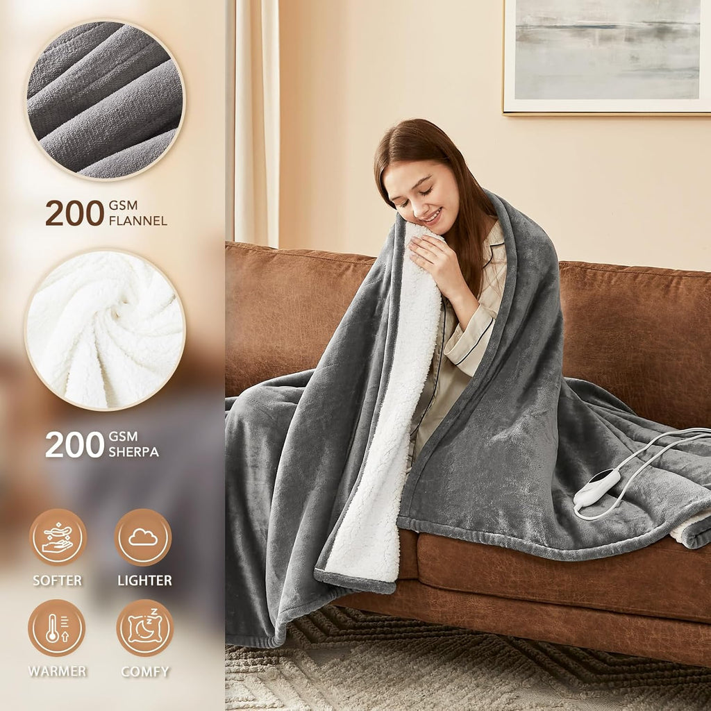 Homemate Electric Heated Blanket Queen - 84"x90" Heating Blanket Queen Size Dual Control 1/2/4/6/8 Hours Auto-Off 10 Heat Level Heat Blanket Over-Heat Protection Flannel Sherpa ETL Certification
