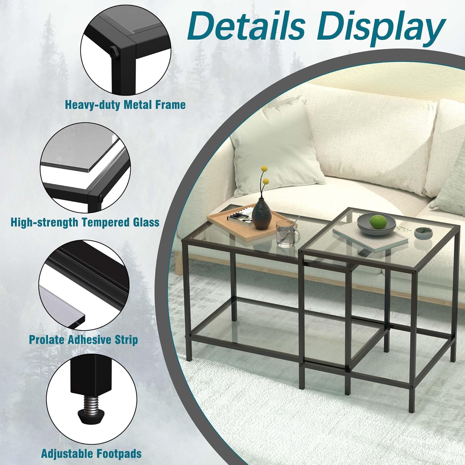 Nesting Coffee Table,Small Glass Coffee Table Set of 2,Black Modern Square Sofa Side Tea Table for Living Room,Bedroom and Small Spaces,2 Tier Tempered Glass with Sturdy Metal Frame, Easy Assembly