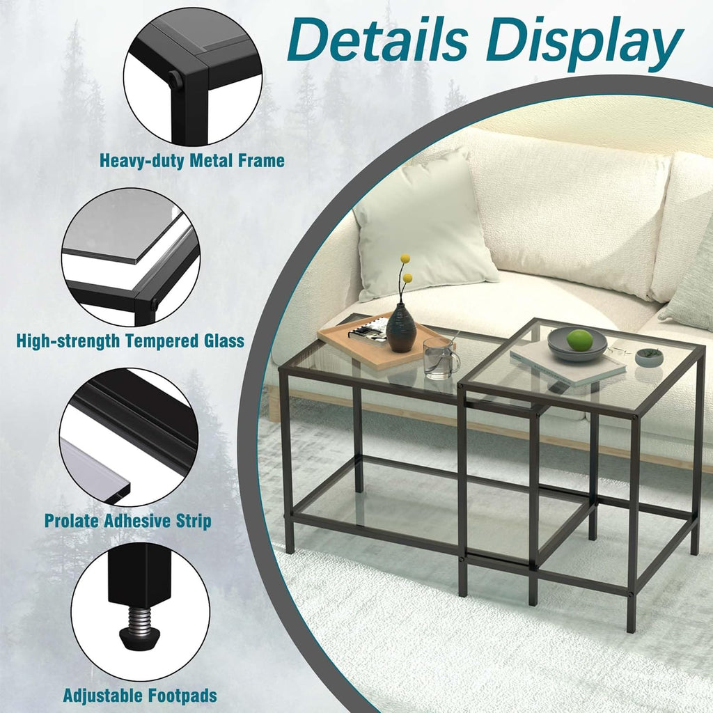 Nesting Coffee Table Set of 2,Glass Coffee Table Modern Center Living Room Table,Minimalist Nesting Table Set of 2 for Living Room,Tempered Glass-top with Sturdy Metal Frame, Easy Assembly,Black