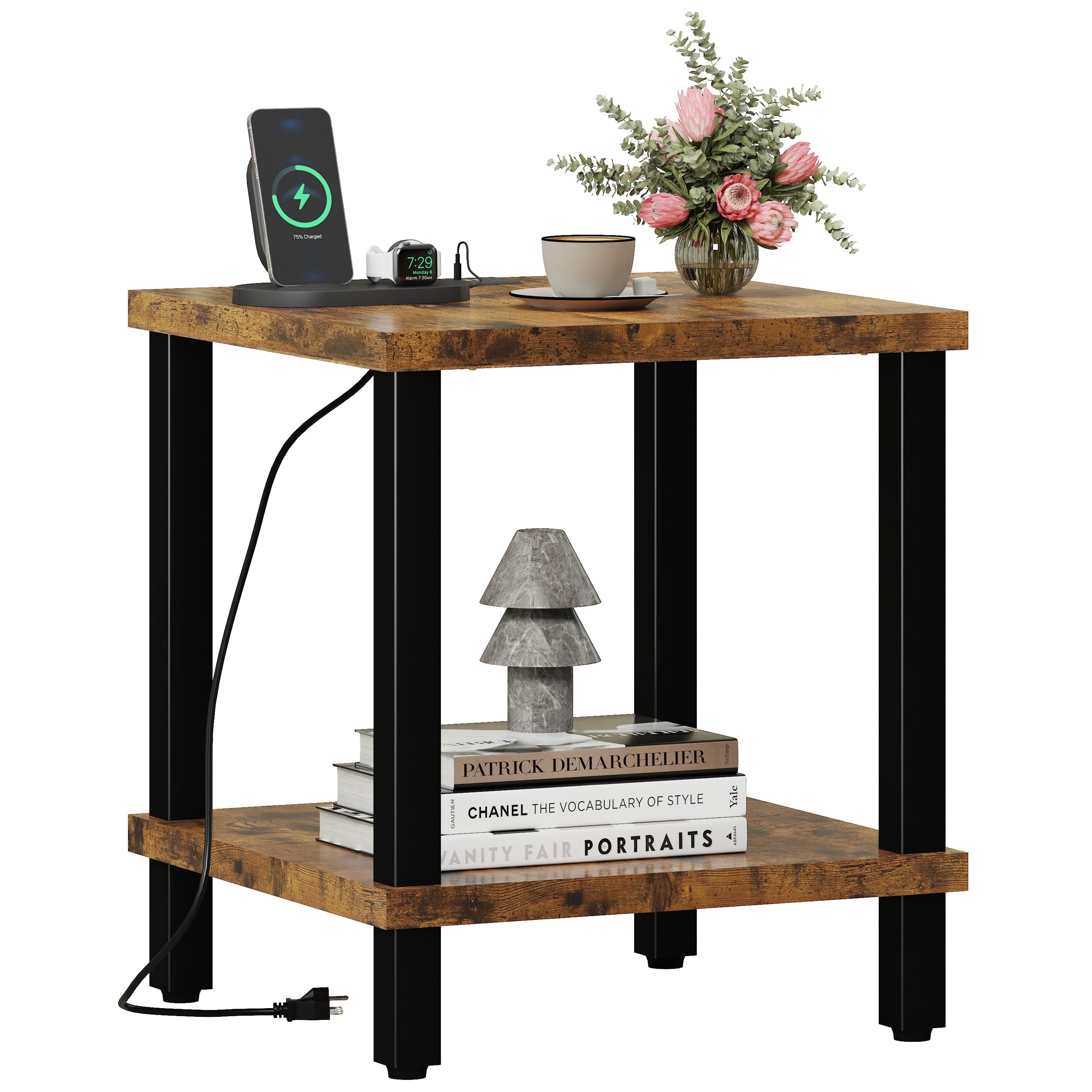 Large End Table Square Side Table Modern Sofa Table 20 Inch Industrial Coffee Table NightStand with 2-Tier Storage Shelf for Living Room Bedroom Black MLBZ06B