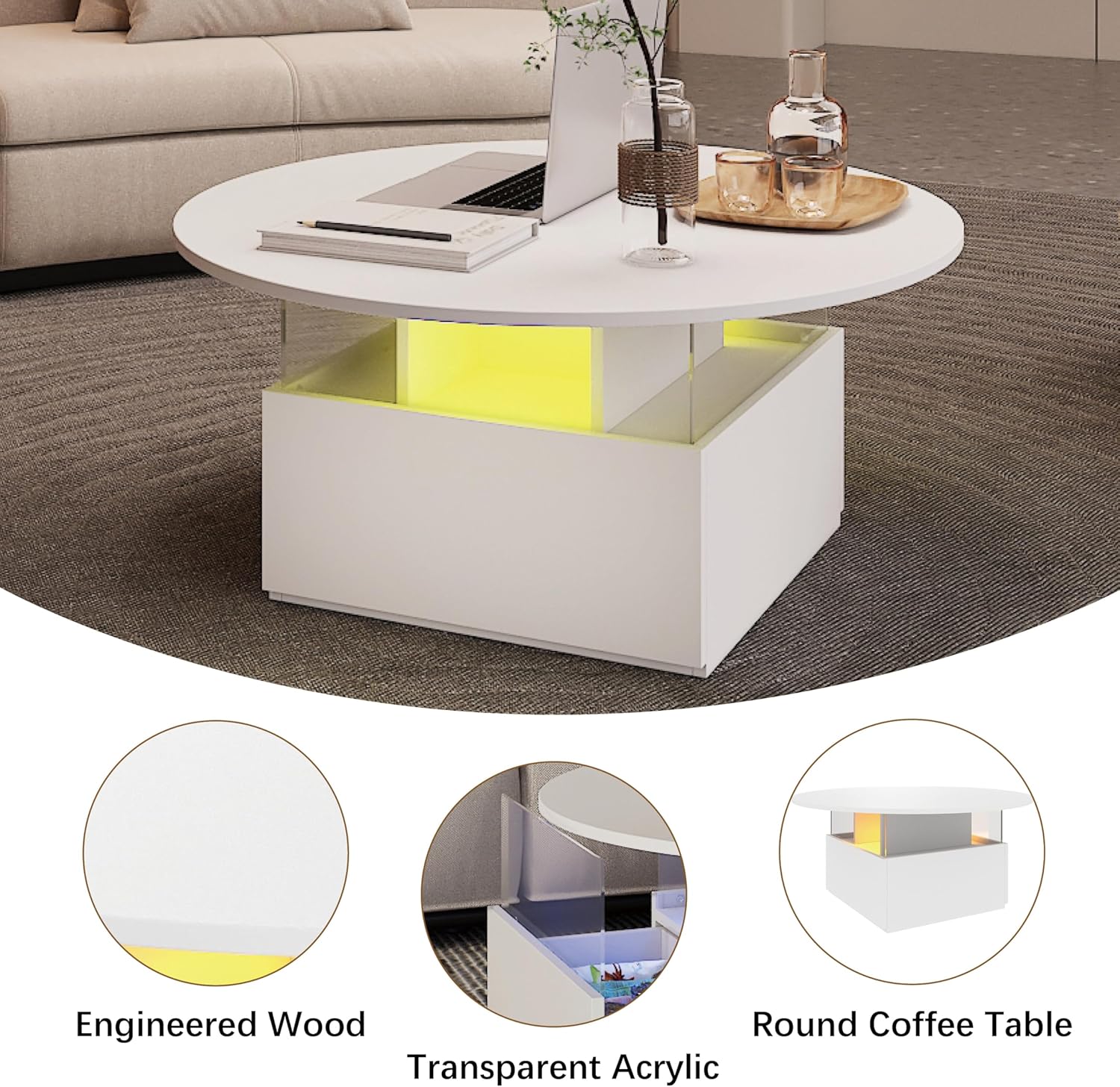 31.5" Round Coffee Table for Living Room, LED Modern Living Room Table with Storage, Square Acrylic Coffee Tables with 2 Sliding Drawers, Wood Center Table for Reception Dinning Room, White