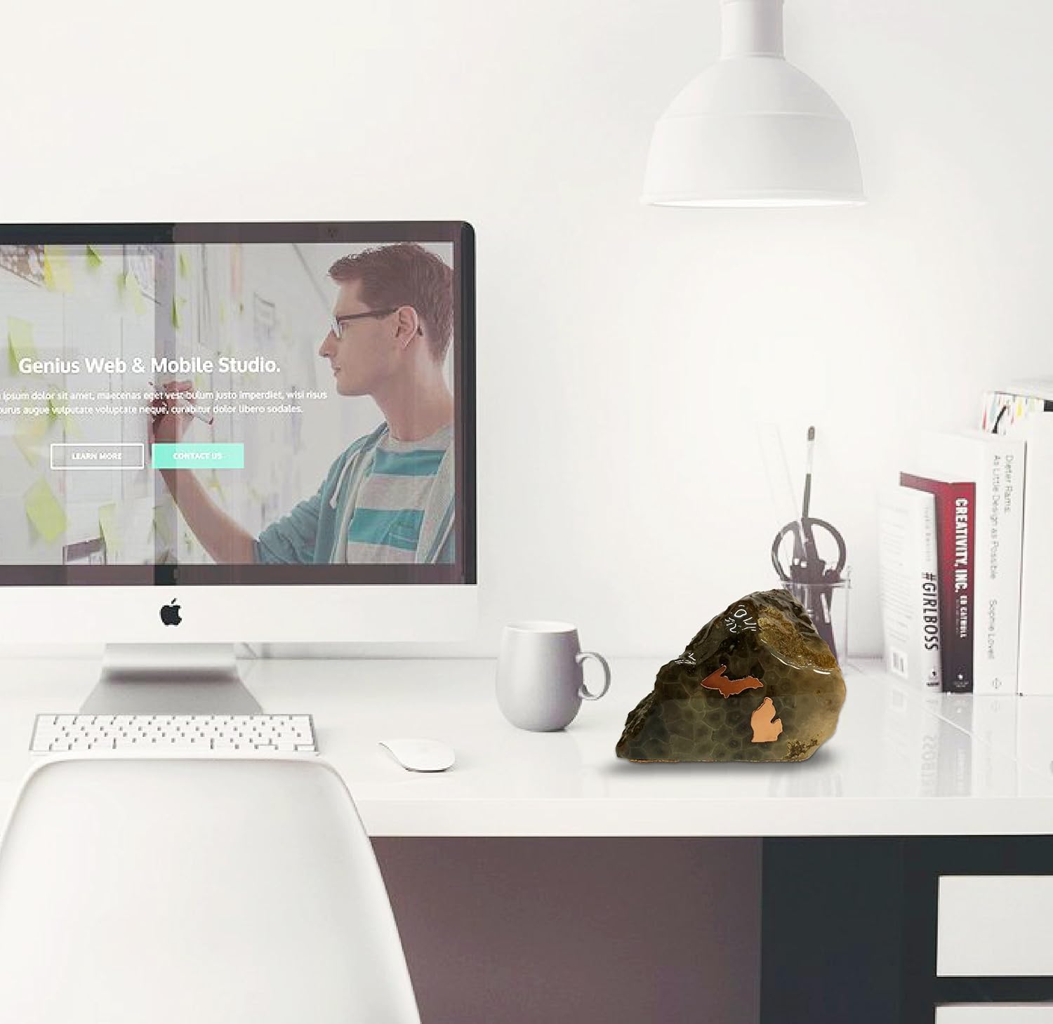 Hand Crafted Petoskey Stone (Small) Decorated with Michigan Copper. Michigan State Stones Great for Office Table or Desk Decor - Medium (Small)