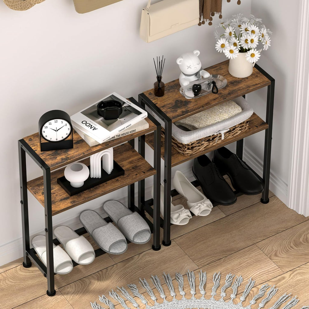 Narrow Side Table for Small Space, 2-Tier Small End Table with Shelf Holder, Slim Nightstand, Skinny Snack Couch Table in Living Room, Bedroom, Study, Kitchen and Balcony (Rustic Brown &Black)