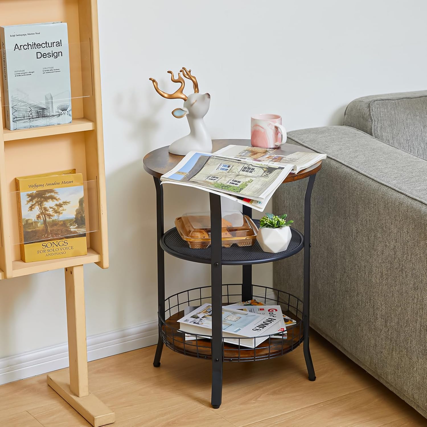 X-cosrack Round Side Table, Industrial Retro End Table with Storage,Coffee Snack Table for Living Room, Bedroom,Kitchen,Office,Stable Wood and Metal Frame,Rustic Brown