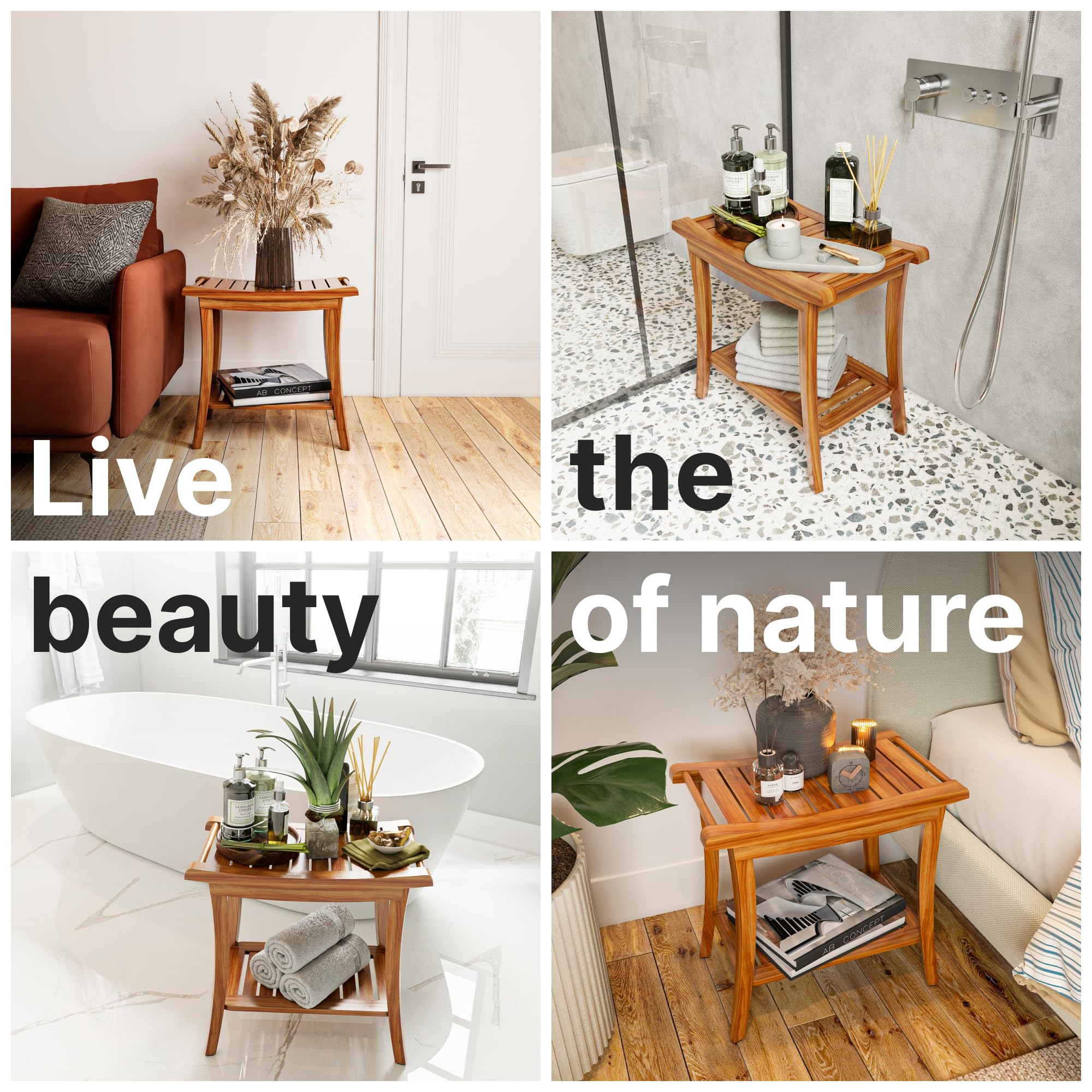 Teak Shower Bench Seat with Handles AB & Co Group, Portable Wooden Shower Bench with Storage Towel Shelf,Waterproof Teak Shower Stool, Spa Bath Shower Chair for Inside Outside Shower