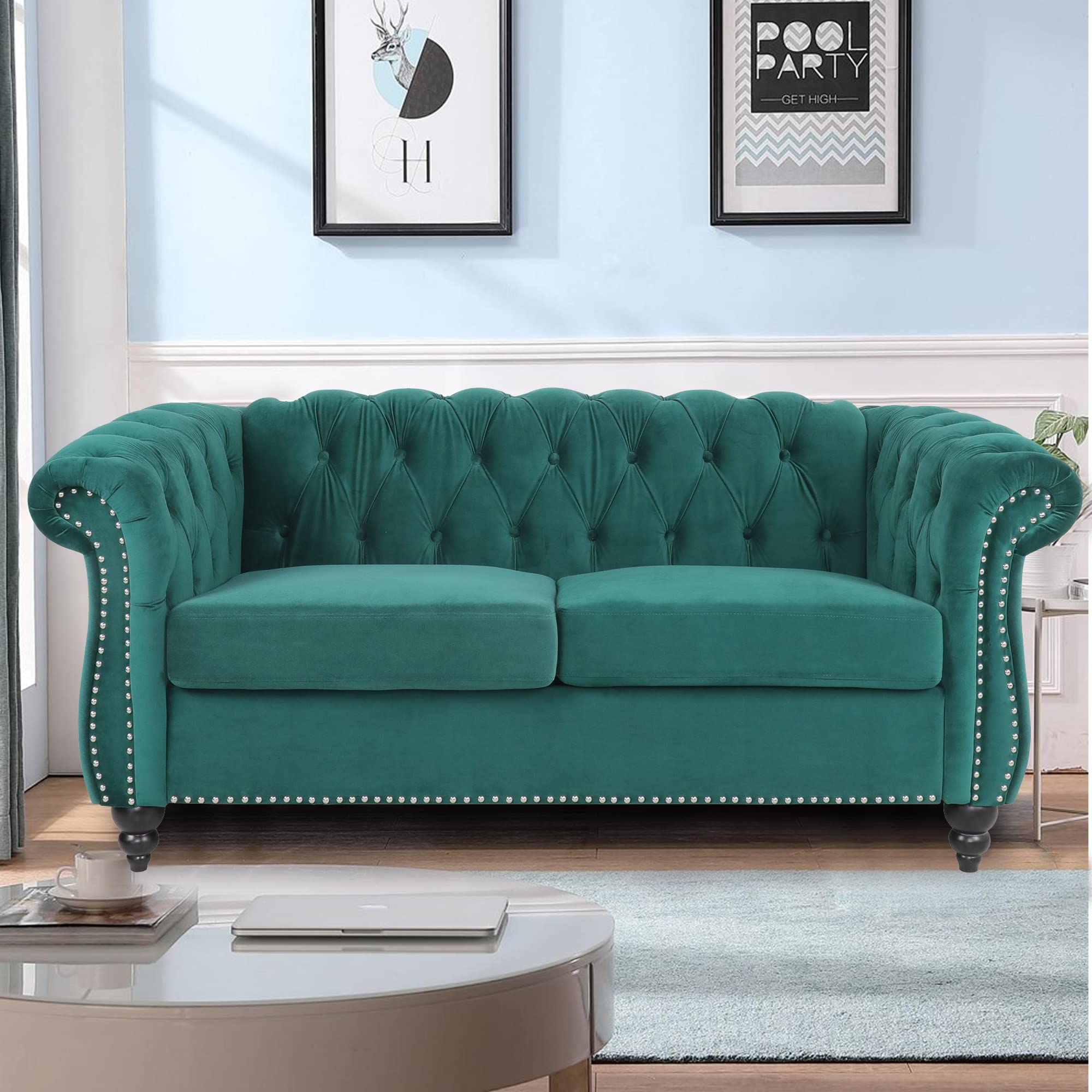 LEVNARY Three-Seat Velvet Sofa, Large Sofa Classic Tufted Chesterfield Settee Modern 3 Seater Couch Furniture Tufted Back for Living Room, Blue