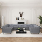 U Shaped Large Sectional Sofa, Chesterfield Leather Faux Couch Tufted Accent Sofa with Scroll Arms and Nailhead for Living Room, Office