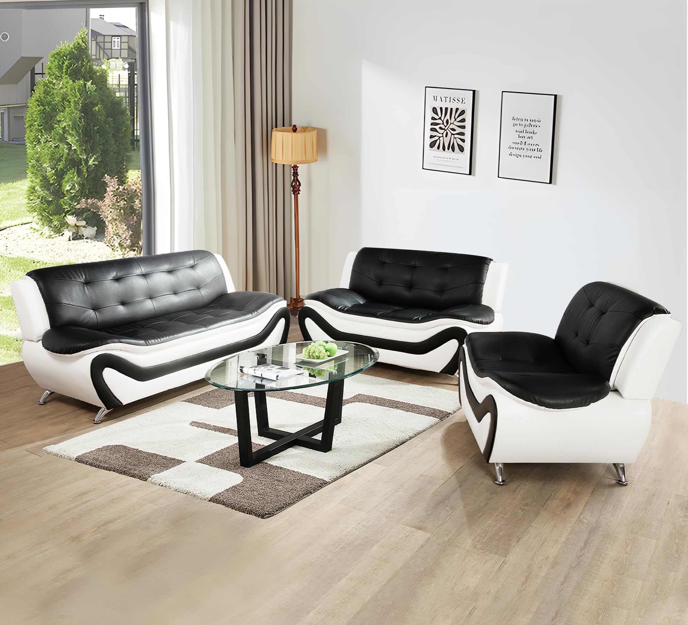 3 Piece Living Room Couch Set, Faux Leather Sofa Set, Modern Sofa Couch Set Living Room Furniture (Sofa+Loveseat+Chair, Black)