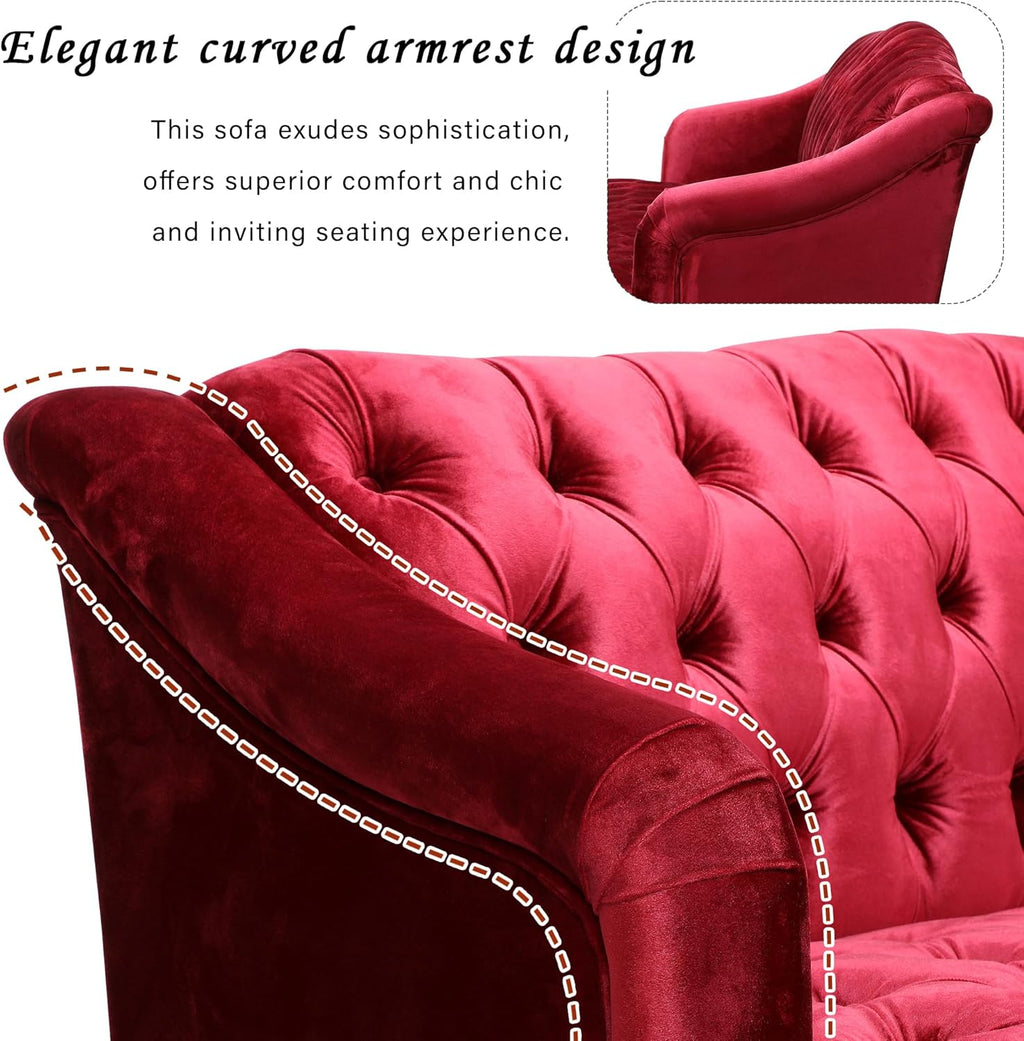 Modern Wingback Tufted Velvet Loveseat, 73.25" 3 Seat Sofas Settee Bench Banquette Chesterfield Love Seat with High Back Thick Padded Cushioned Upholstered Couch for Living Room, Victorian Style, Red