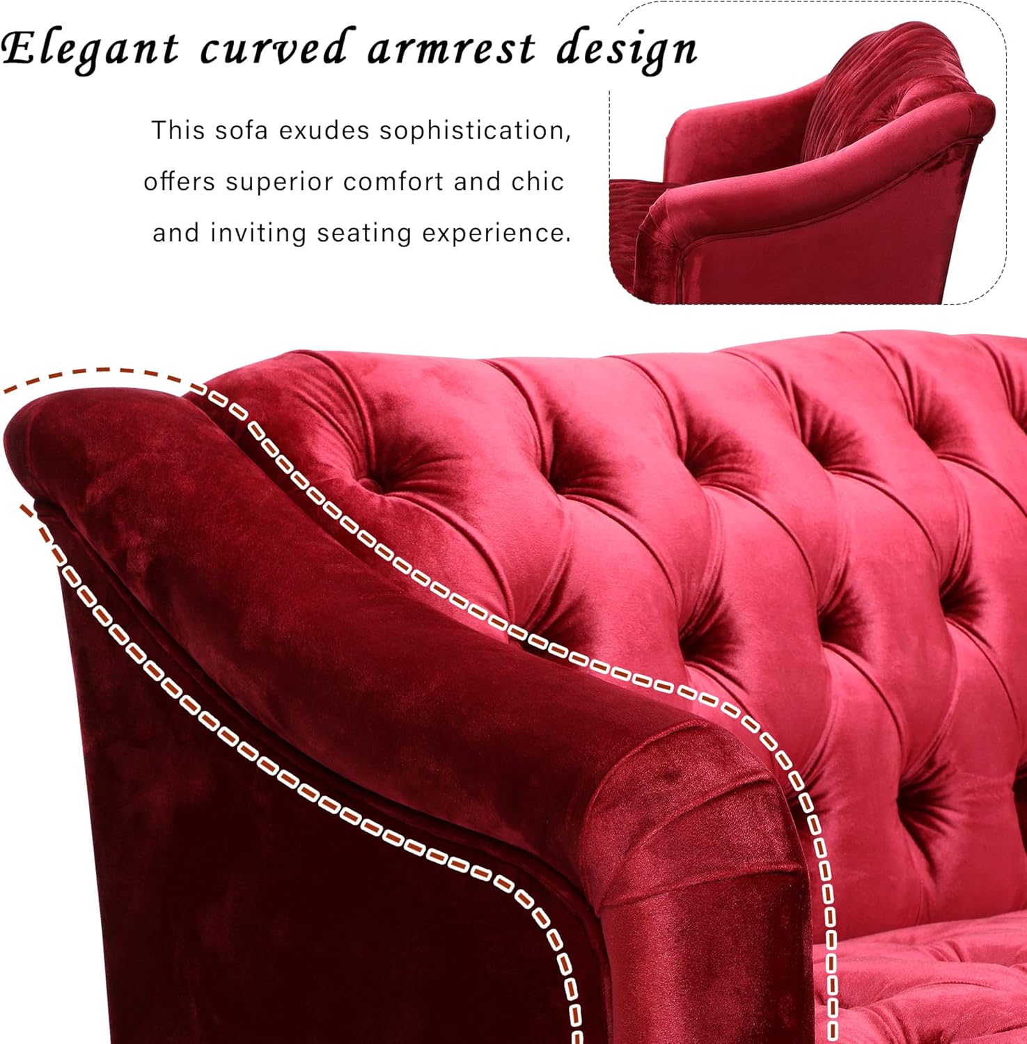 Modern Wingback Tufted Velvet Loveseat, 73.25" 3 Seat Sofas Settee Bench Banquette Chesterfield Love Seat with High Back Thick Padded Cushioned Upholstered Couch for Living Room, Victorian Style, Red