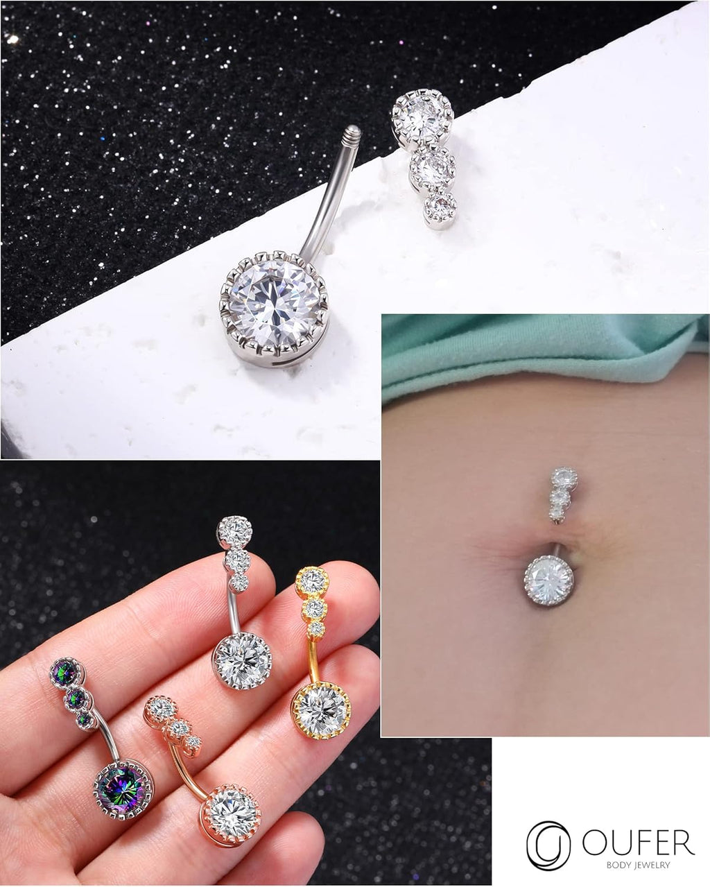 OUFER 316L Surgical Steel Belly Button Rings, Clear CZ Navel Rings, Belly Piercing Jewelry