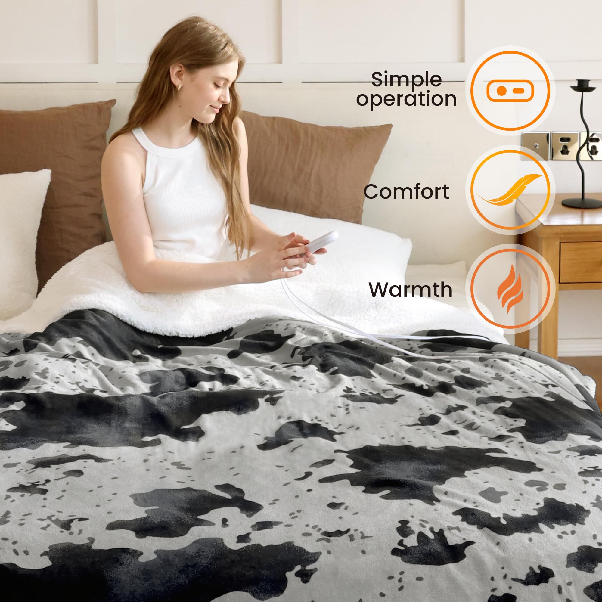 Heated Throw Blanket Electric Blanket - Heating Blanket Throw with 5 Heat Levels & 4 Hours Auto-Off, Cozy Soft Fleece Sherpa Blanket, Washable, Fast Heating, 50 x 60 Inches, Cow Print