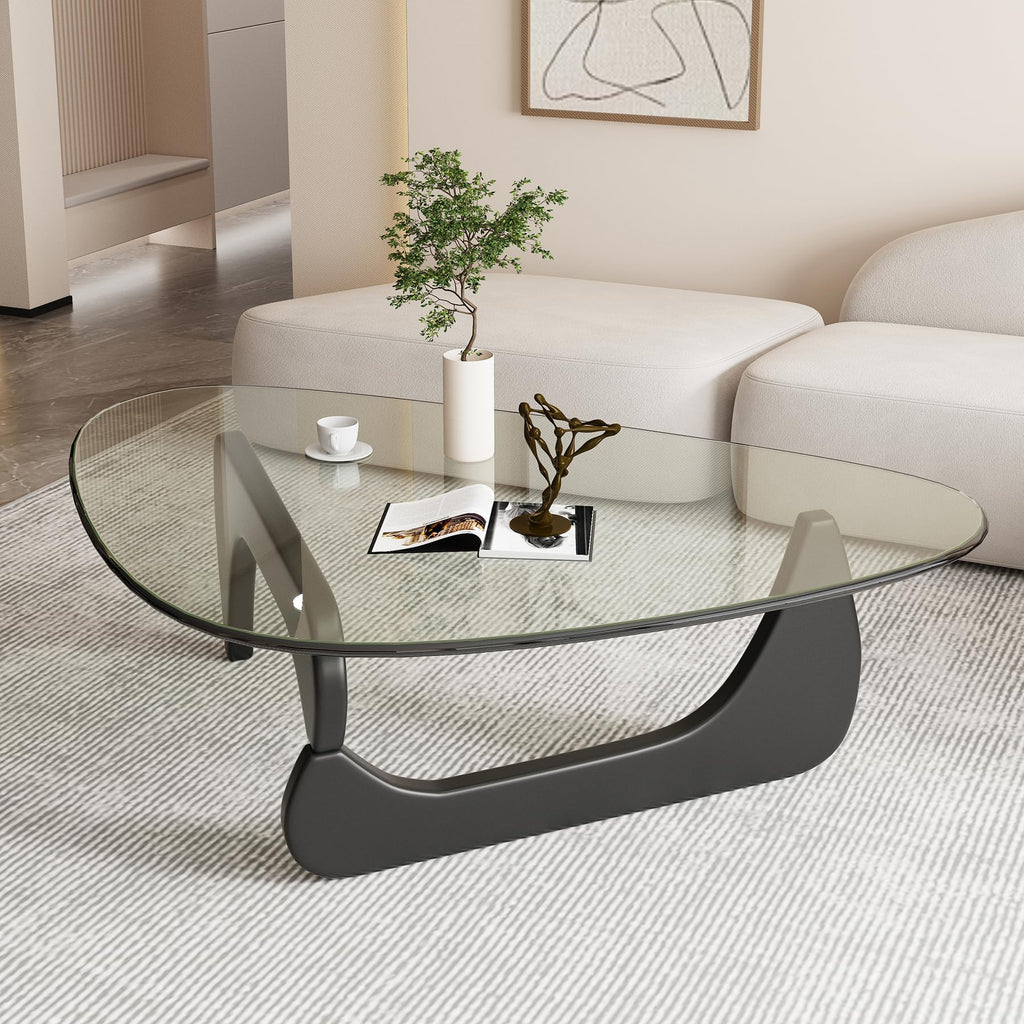 Coffee Tables for Living Room - Triangle Glass Coffee Table with Wooden Base Mid-Century Modern Abstract End Table for Study Room Office Hotel Balcony (Walnut Transparent, Small 32.2 * 22.4 * 16in)