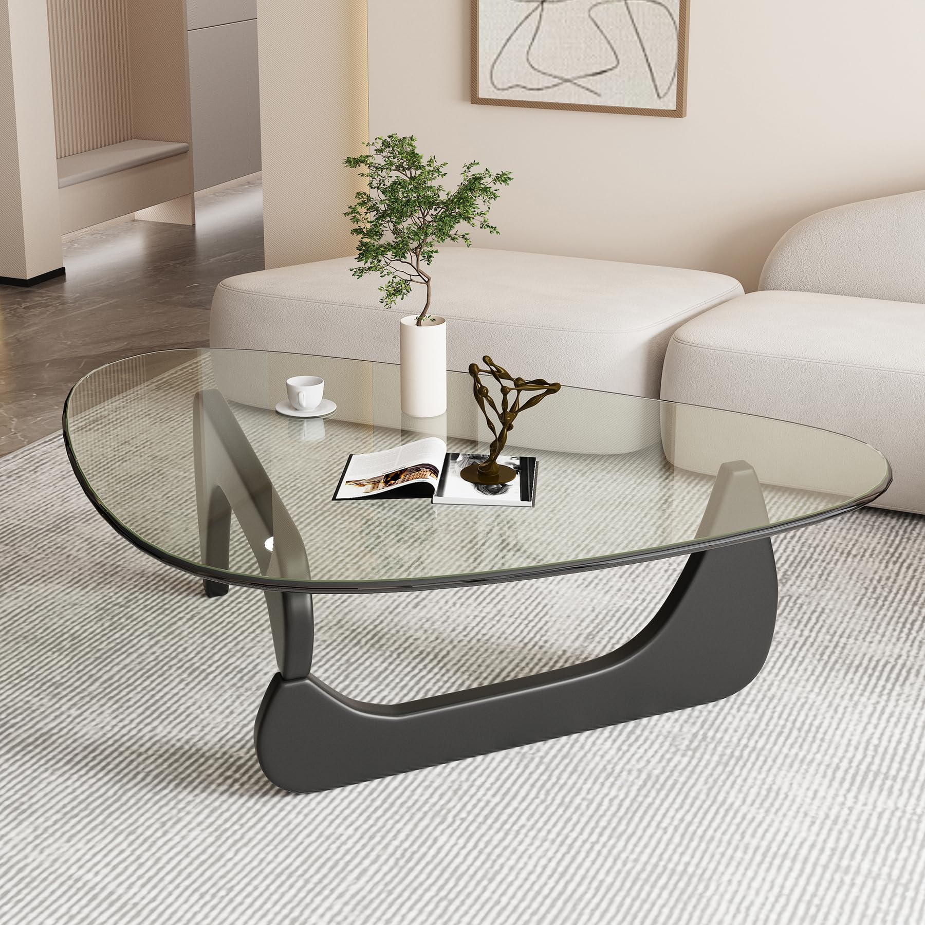 Coffee Tables for Living Room - Triangle Glass Coffee Table with Wooden Base Mid-Century Modern Abstract End Table for Study Room Office Hotel Balcony (Walnut Transparent, Small 32.2 * 22.4 * 16in)