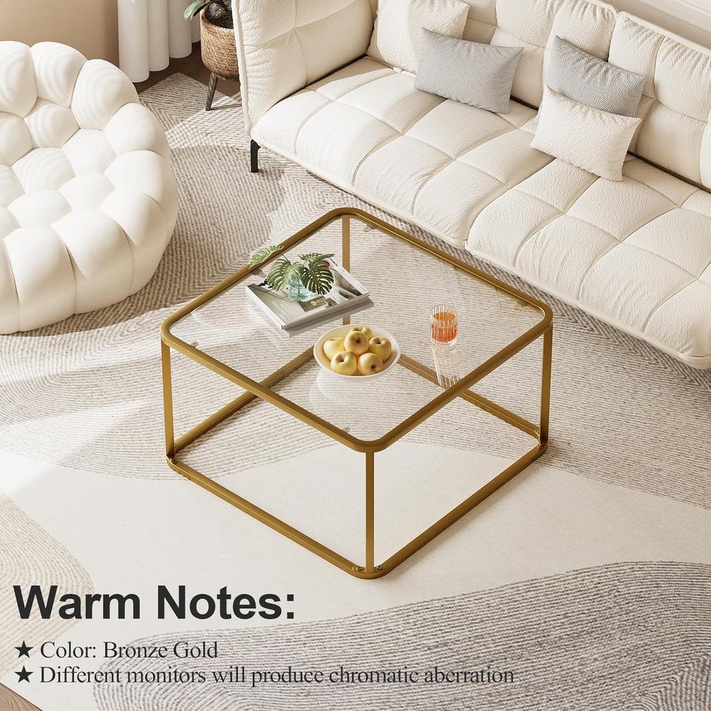 Coffee Table Glass, Minimalist Square Tables for Living Room, Modern Center Table for Office or Small Space, Tempered Glass, Sturdy Metal Frame, Easy Assembly, 26.4 x 26.4 x 15.7 Inches, Gold